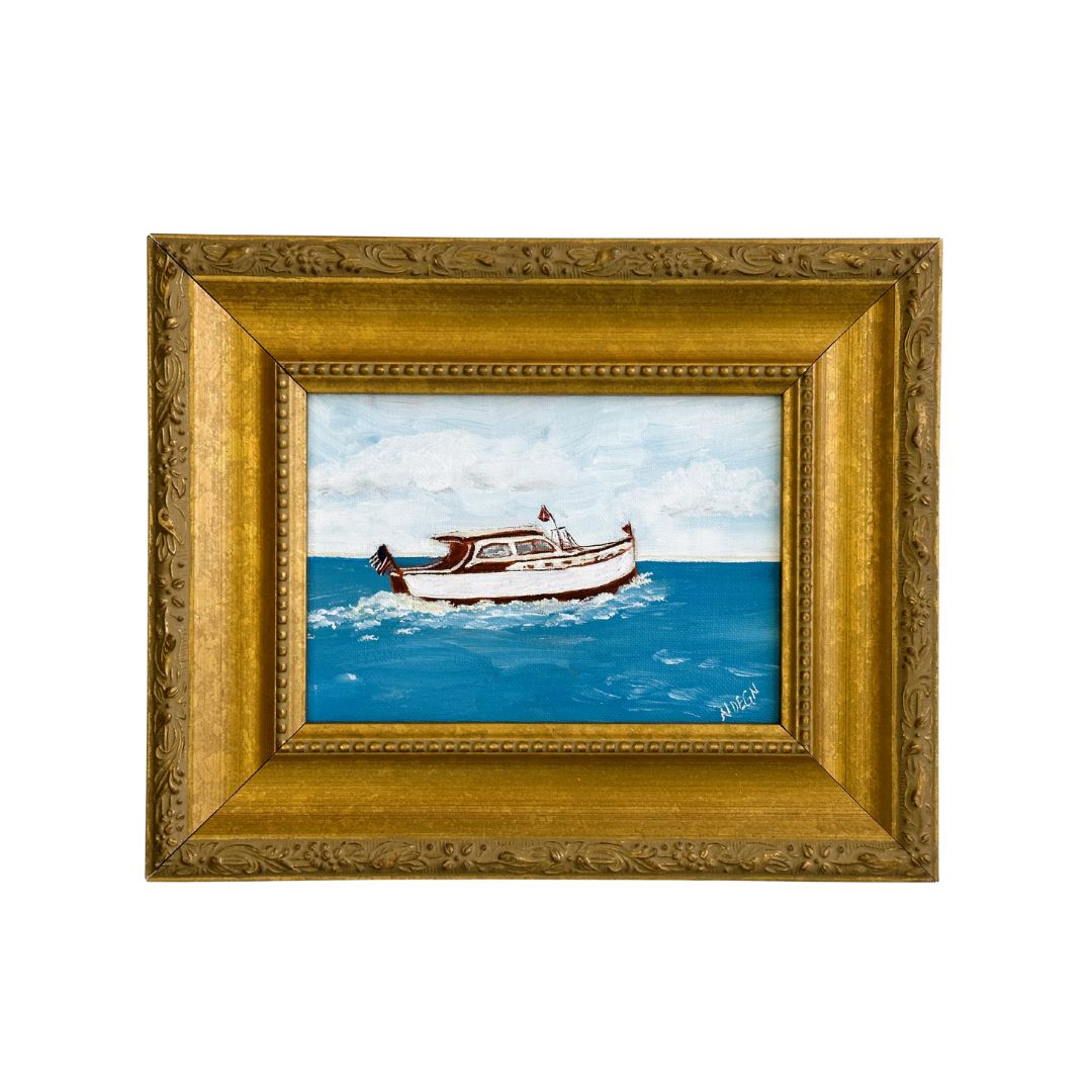 American Boat Cruiser Original Painting by Nikki Degn Vintage Framed