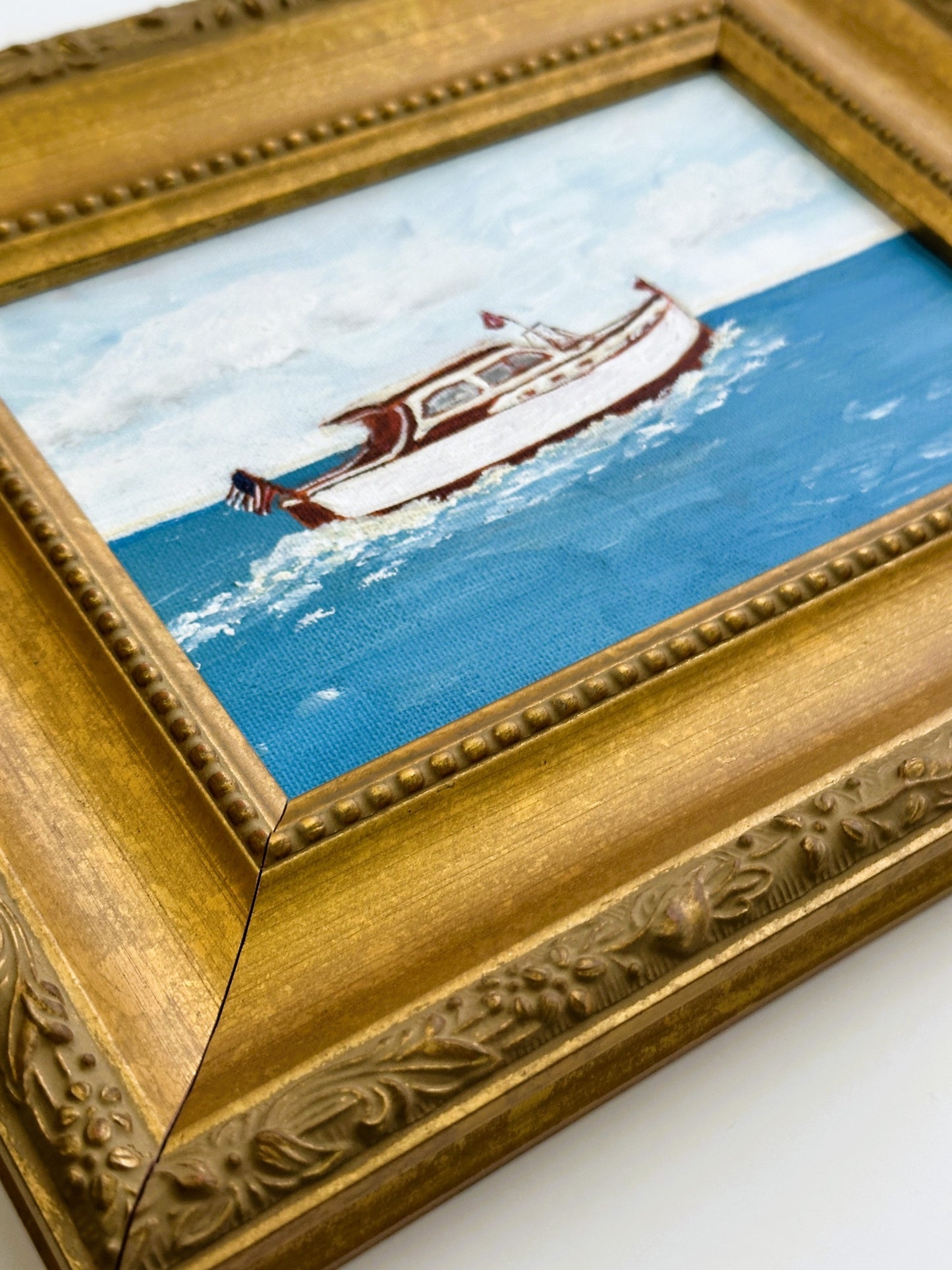 American Boat Cruiser Original Painting by Nikki Degn Vintage Framed