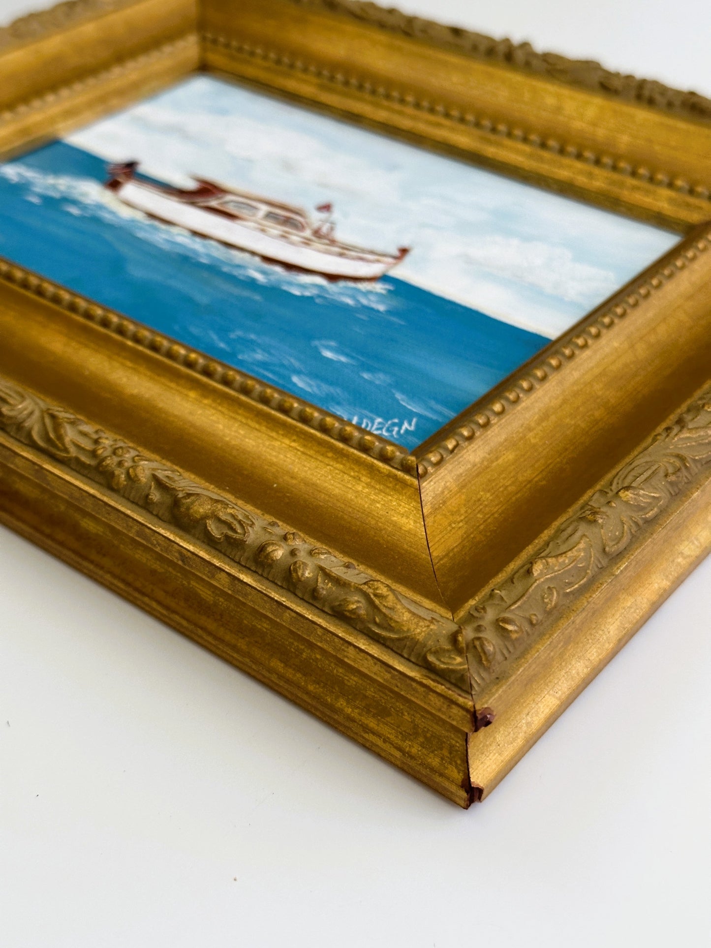 American Boat Cruiser Original Painting by Nikki Degn Vintage Framed