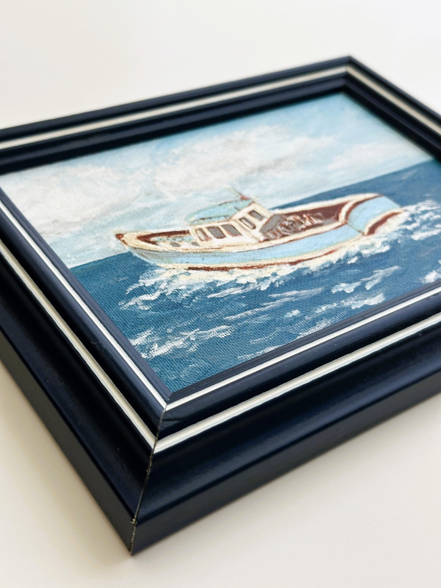 American Boat Fishing Original Painting by Nikki Degn Vintage Framed