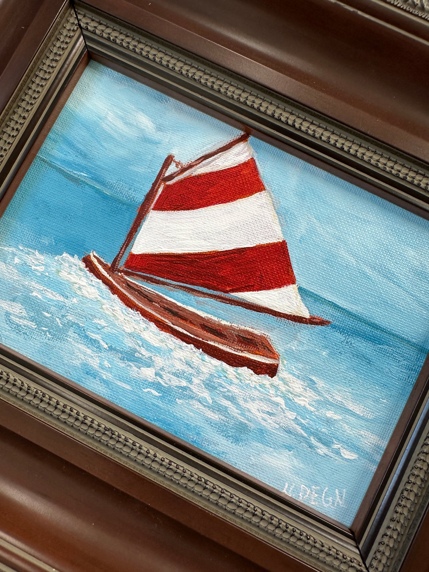 American Boat Sailing Dinghy Red and White Wide Striped Sail Original Painting by Nikki Degn Vintage Framed