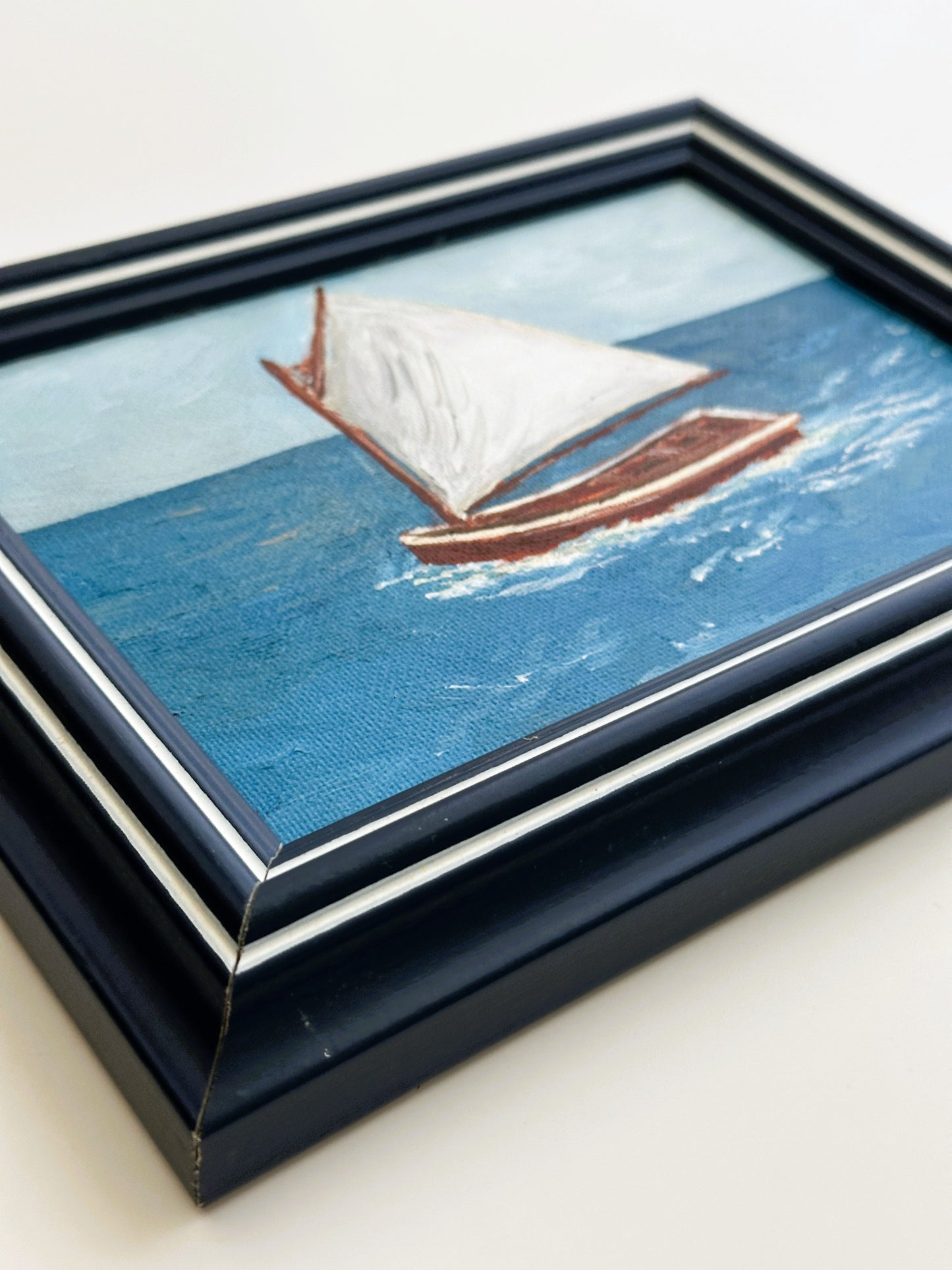 American Boat Sailing Dinghy White Sail Original Painting by Nikki Degn Vintage Framed