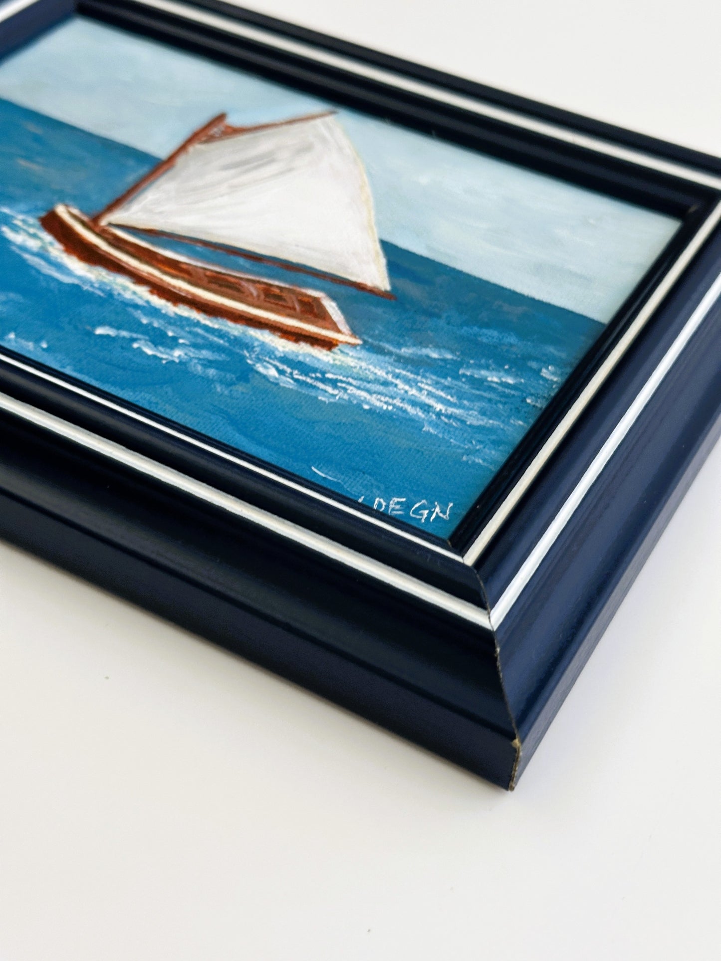 American Boat Sailing Dinghy White Sail Original Painting by Nikki Degn Vintage Framed