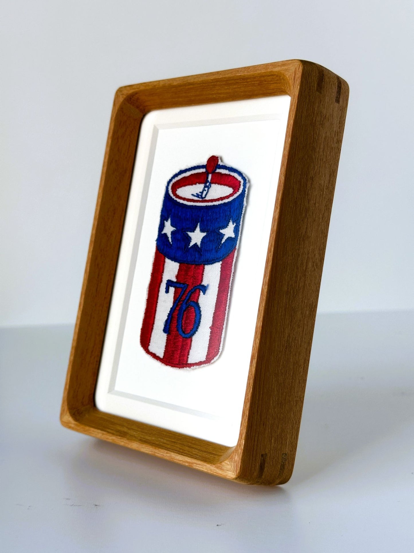 American Firework Stars and Stripes Red White and Blue Vintage Patch Wood Framed