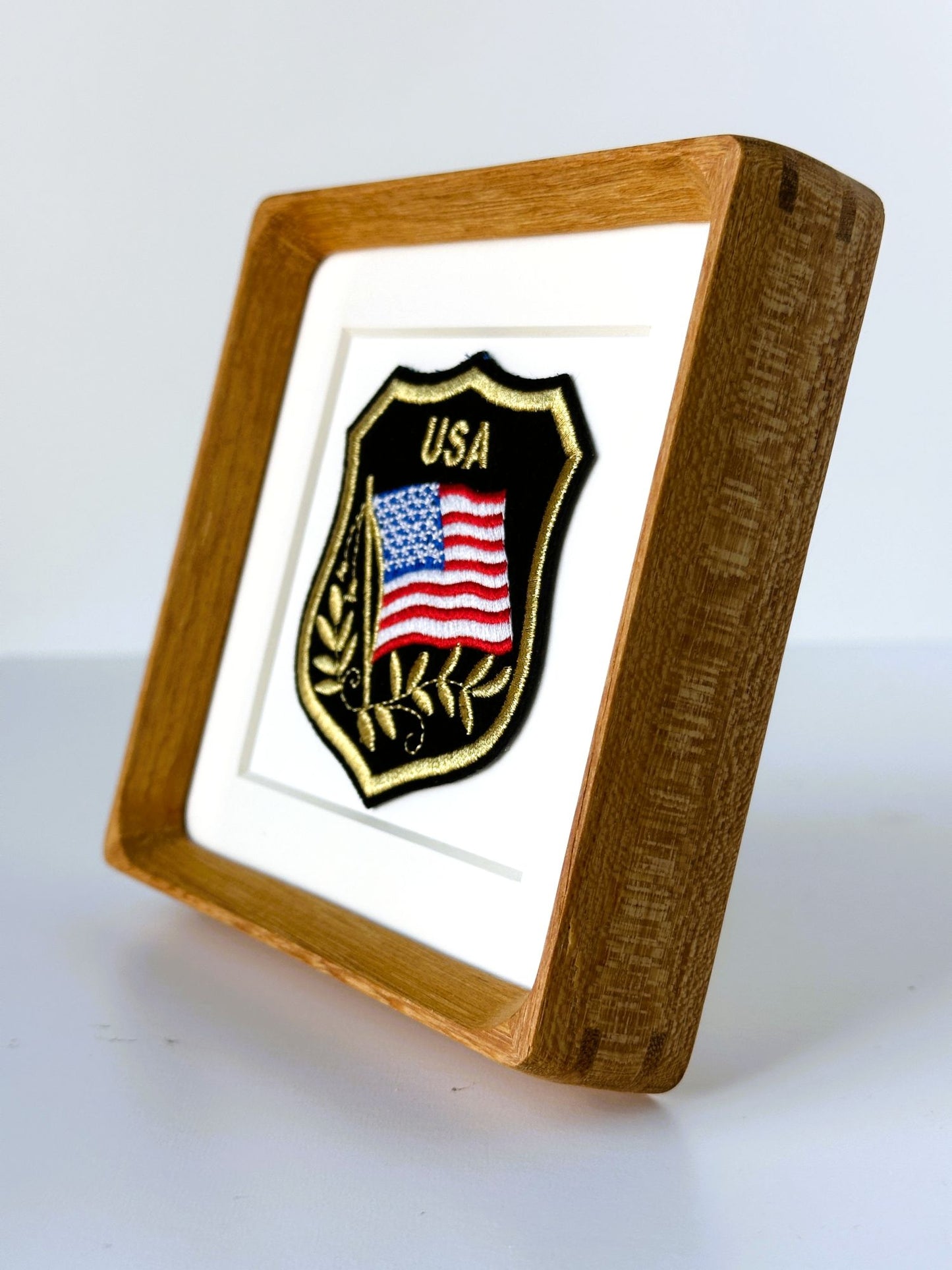 American Flag USA Gold Trimmed Banner Vintage Patch Wood Framed