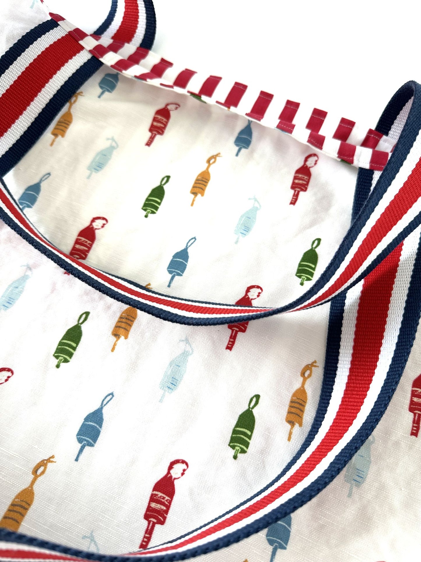 American Nautical Colorful Buoys Block Print Design Linen Tote Bag with Red, White, & Navy Blue Striped Straps