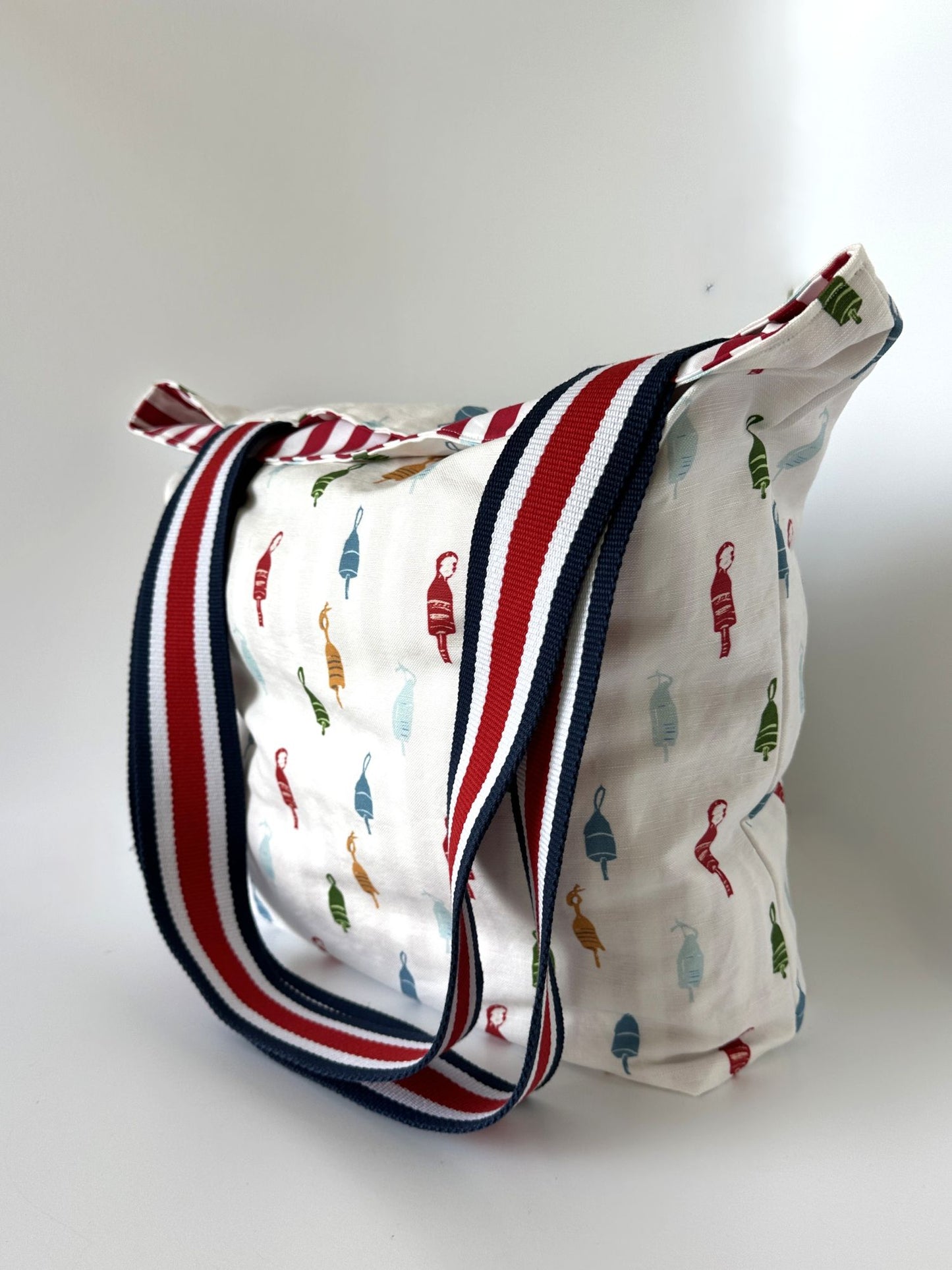 American Nautical Colorful Buoys Block Print Design Linen Tote Bag with Red, White, & Navy Blue Striped Straps