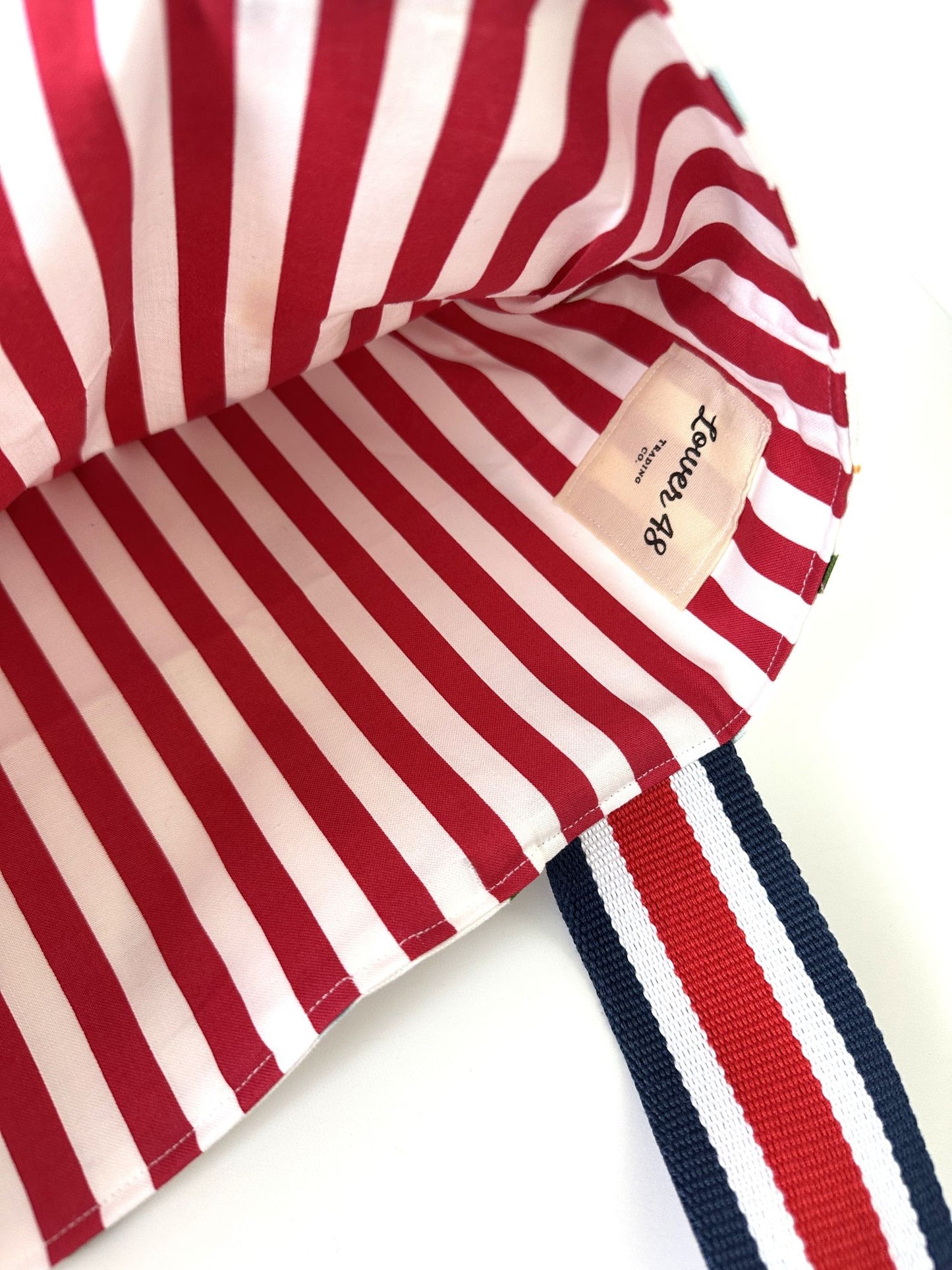 American Nautical Colorful Buoys Block Print Design Linen Tote Bag with Red, White, & Navy Blue Striped Straps