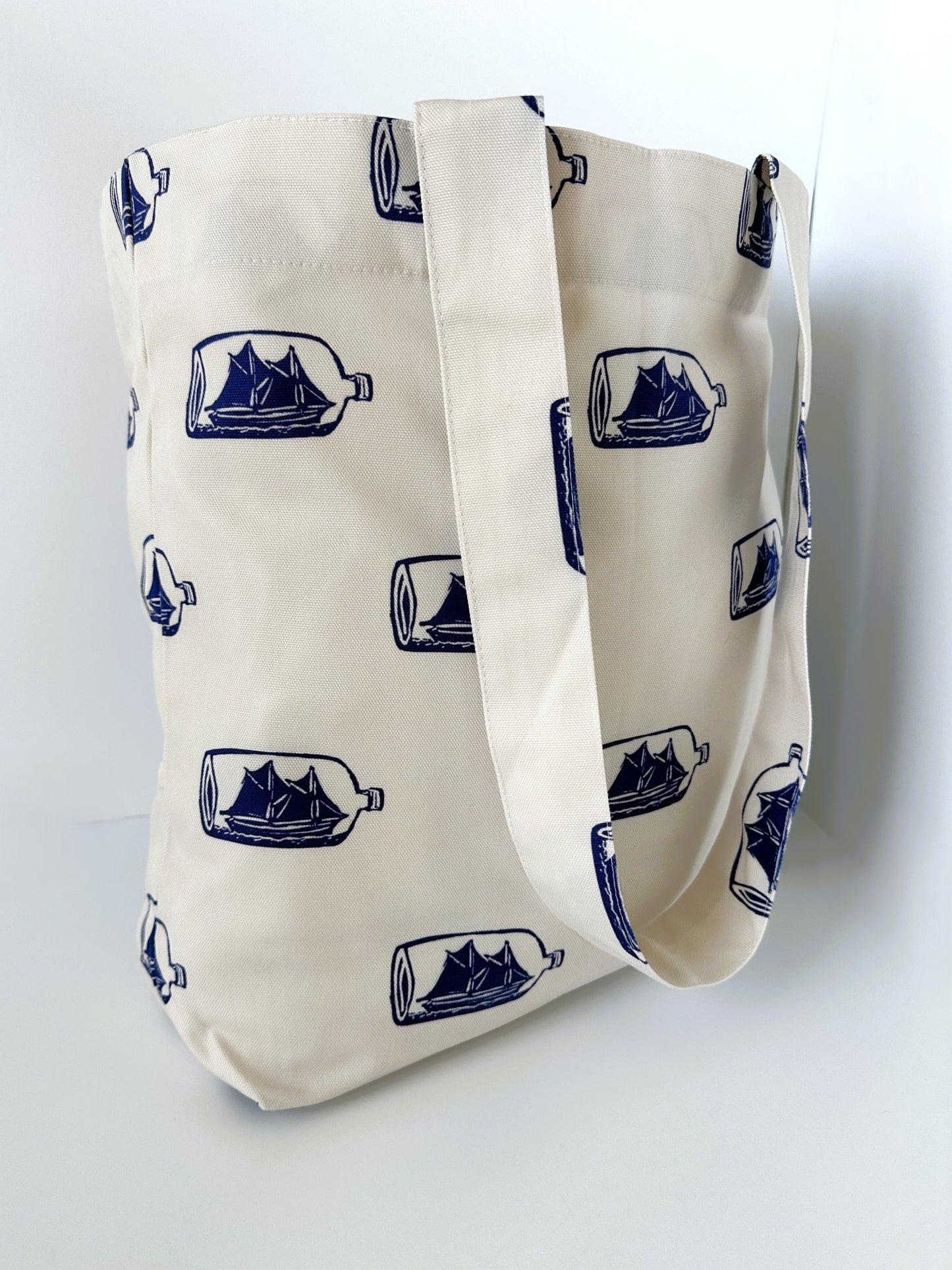 American Nautical Souvenir Ship in a Bottle Block Print Design Large Tote Bag