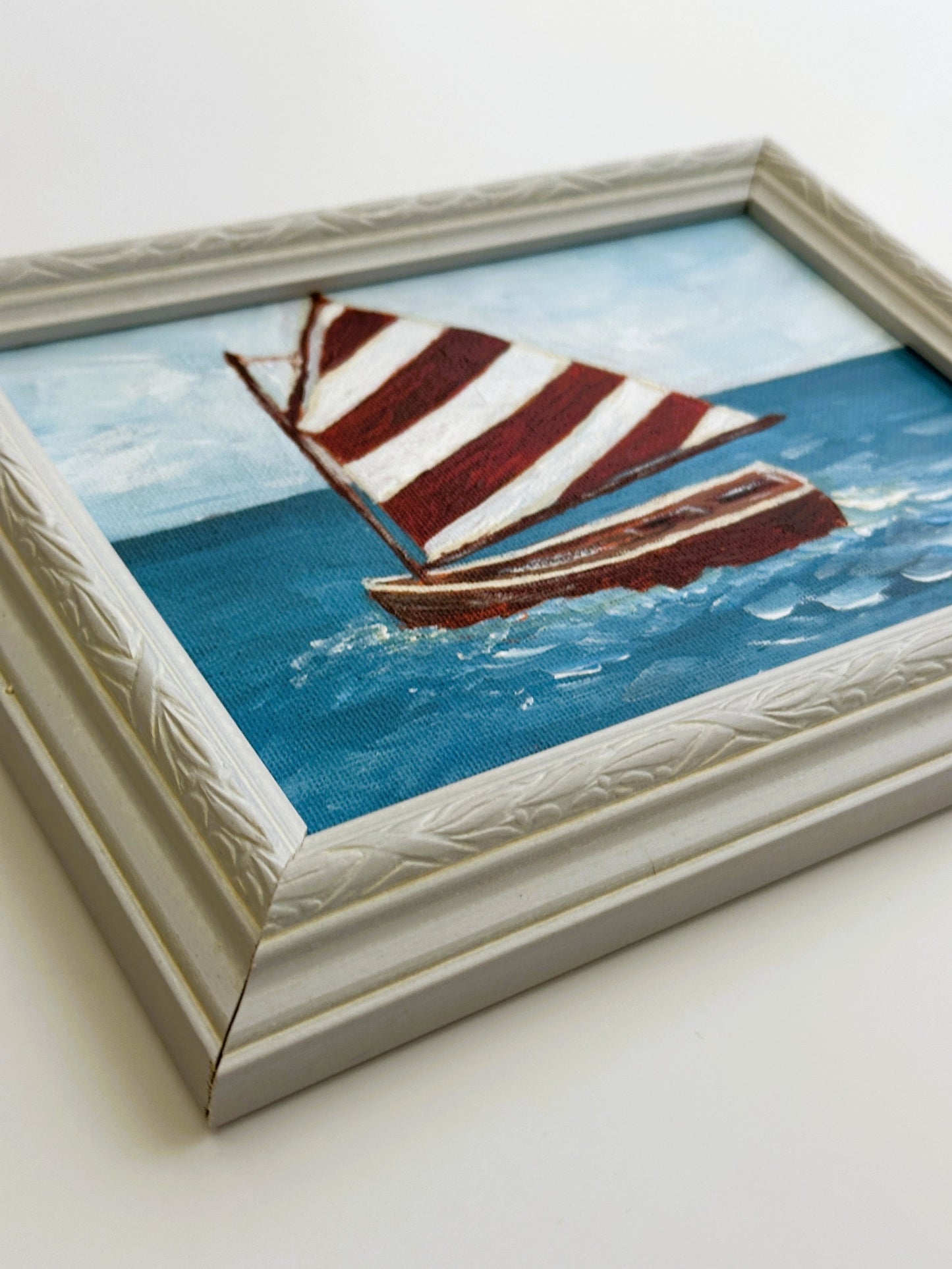 American Boat Sailing Dinghy Red and White Sail Original Painting by Nikki Degn Vintage Framed