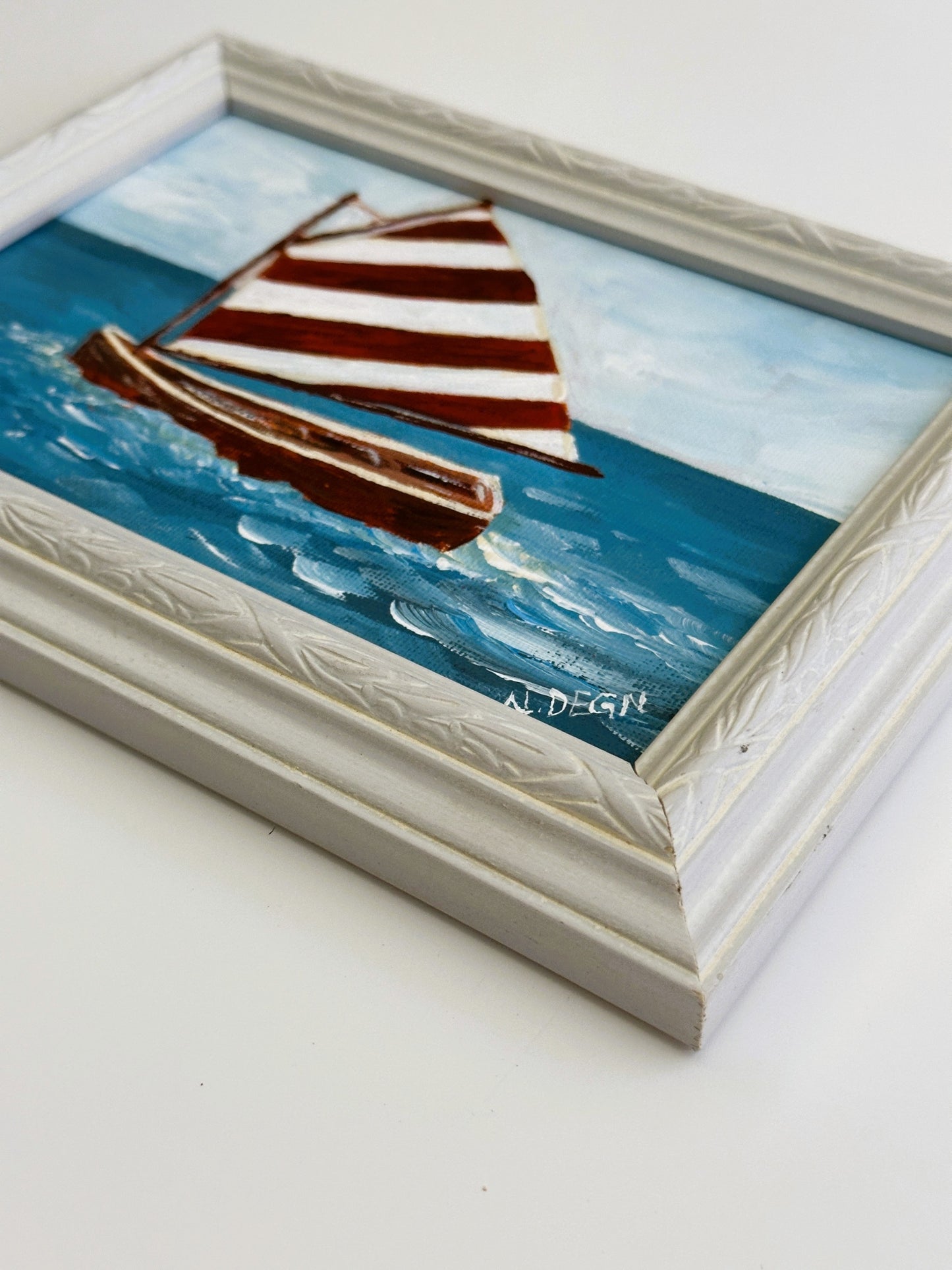American Boat Sailing Dinghy Red and White Sail Original Painting by Nikki Degn Vintage Framed