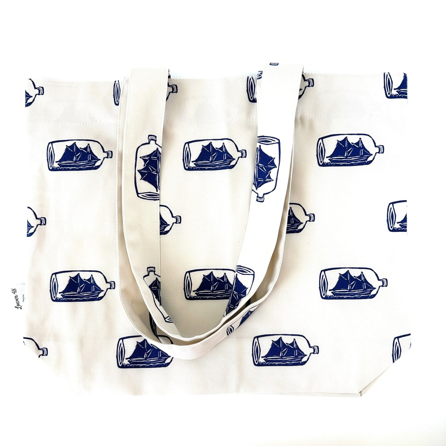 American Nautical Souvenir Ship in a Bottle Block Print Design Large Tote Bag