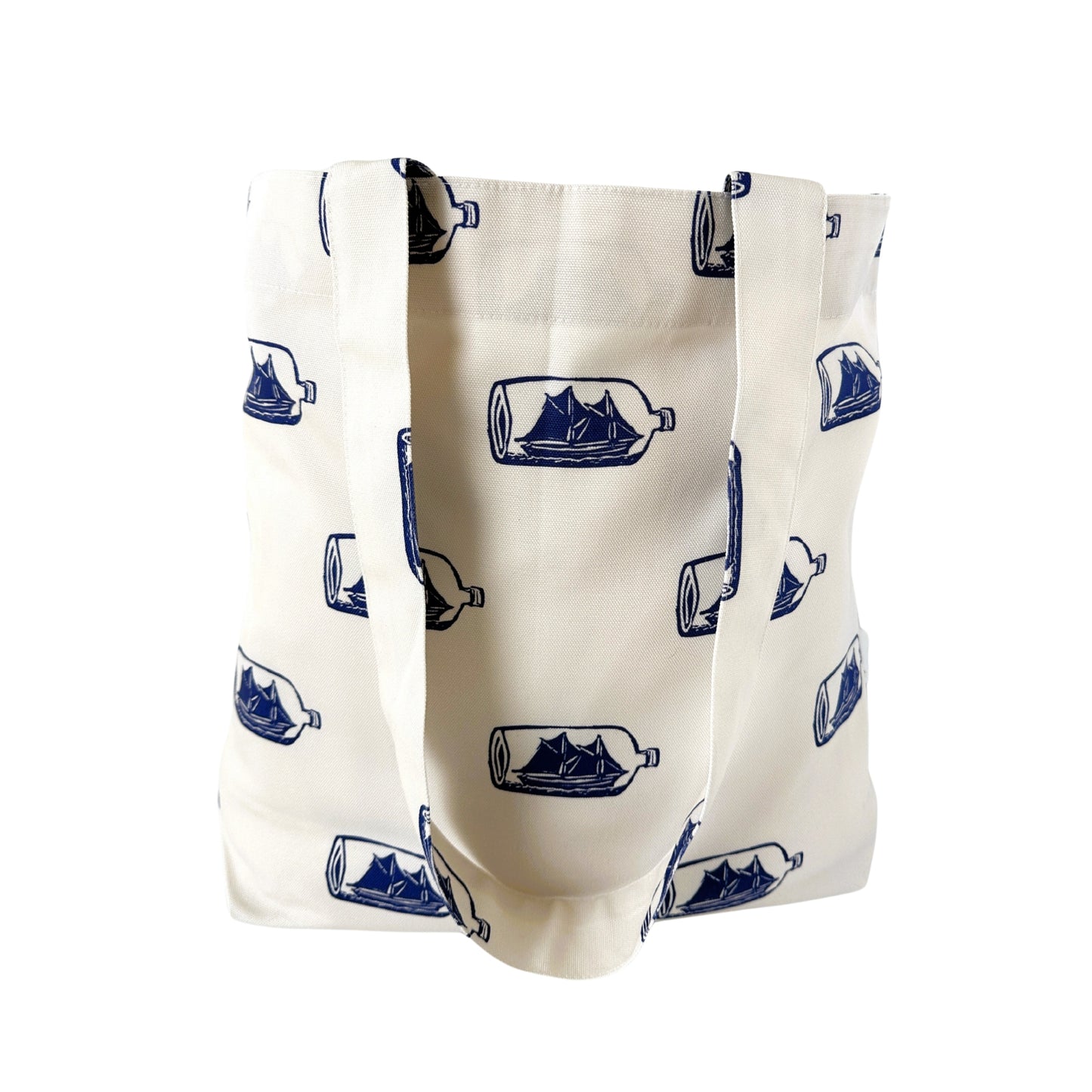 American Nautical Souvenir Ship in a Bottle Block Print Design Large Tote Bag