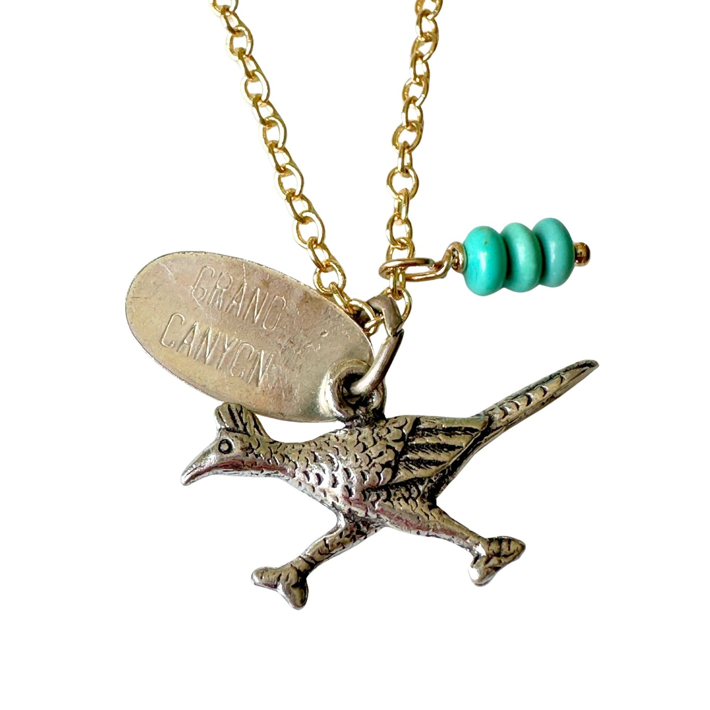 Arizona Grand Canyon Road Runner Vintage Charm on New 18 Inch Gold Filled Necklace with Turquoise Gemstone Beads