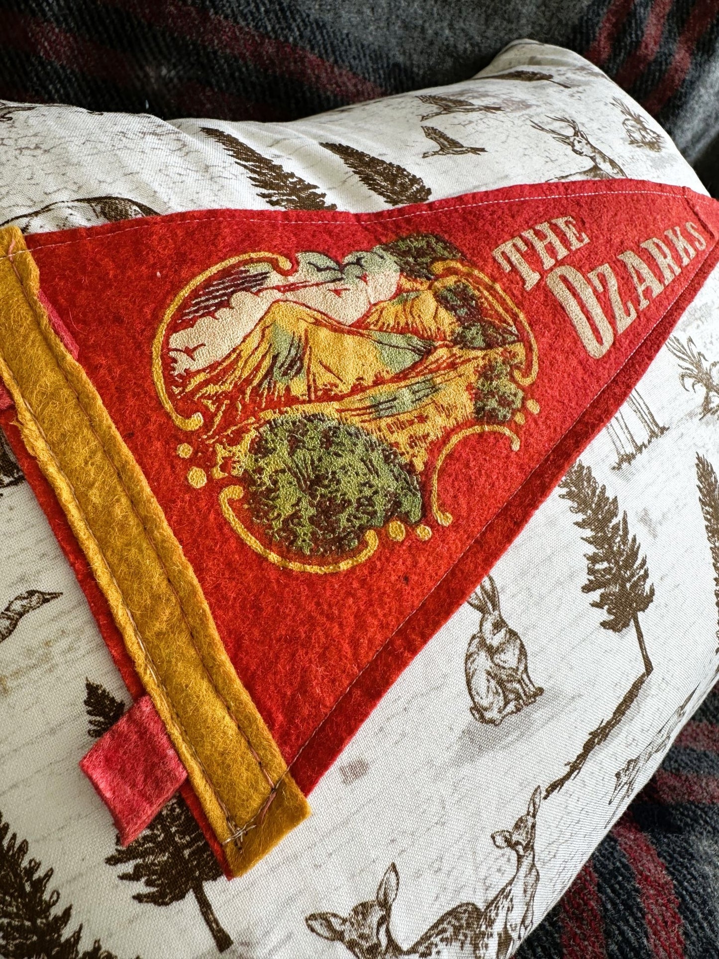Arkansas Missouri Oklahoma Kansas THE OZARKS Vintage Red Pennant on New Woodland Fabric