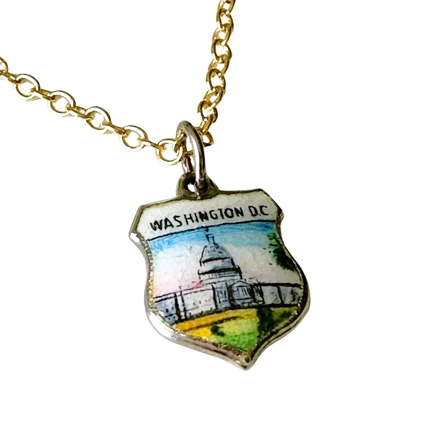 DC Washington Vintage Fritz REU Sterling Silver Enamel Charm on New 18 Inch Gold Filled Necklace