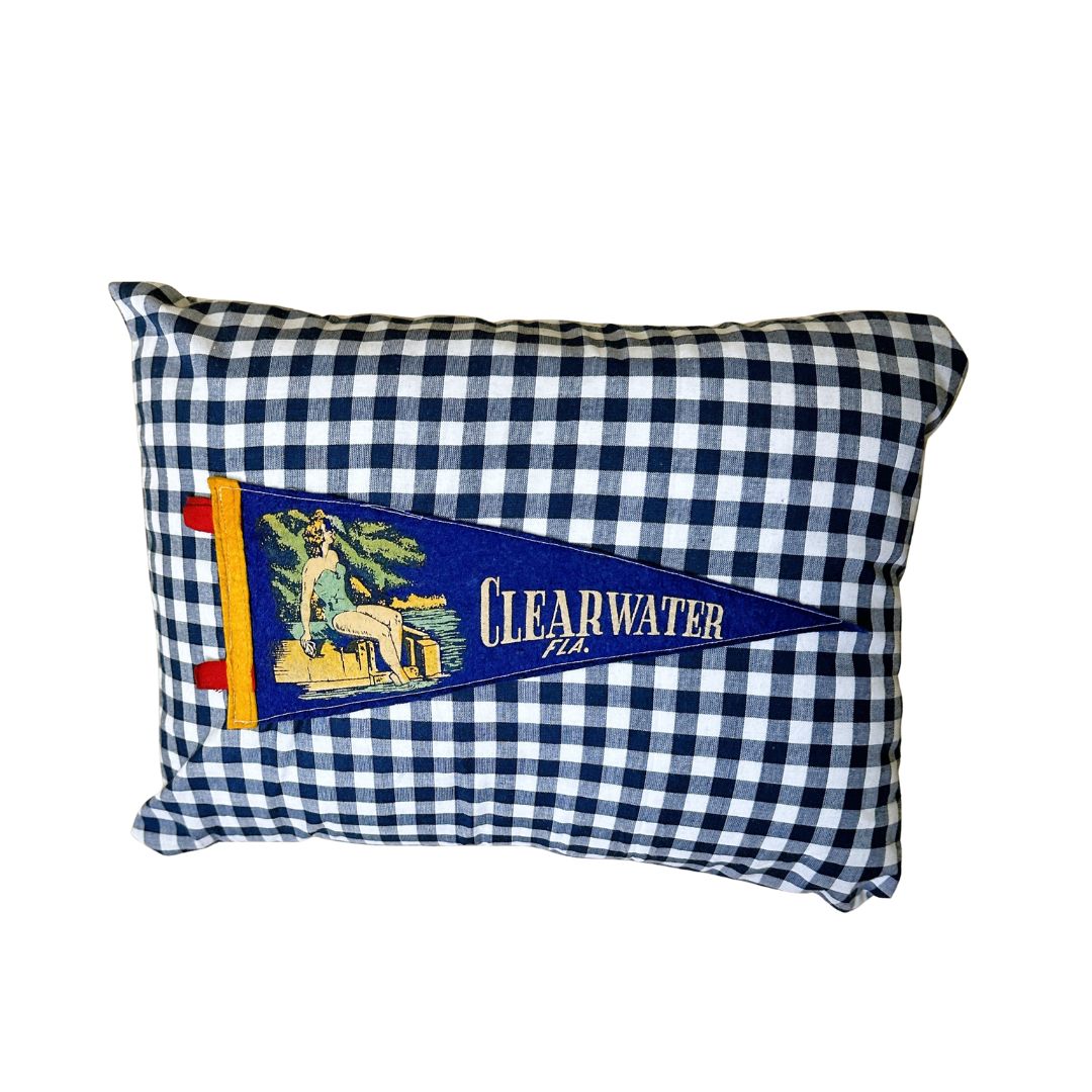 Florida Clearwater Vintage Blue Pennant on New Woven Plaid Throw Pillow