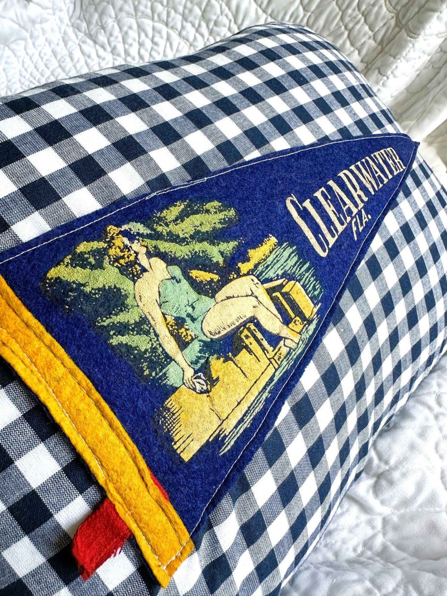 Florida Clearwater Vintage Blue Pennant on New Woven Plaid Throw Pillow