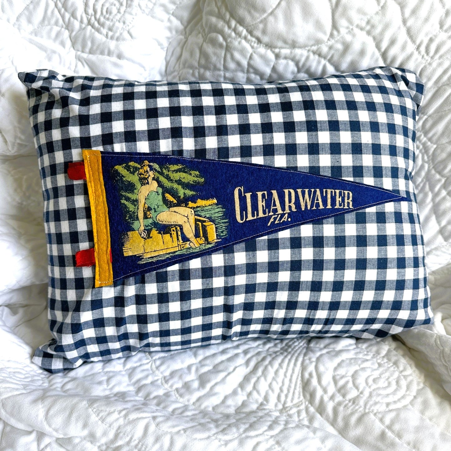 Florida Clearwater Vintage Blue Pennant on New Woven Plaid Throw Pillow