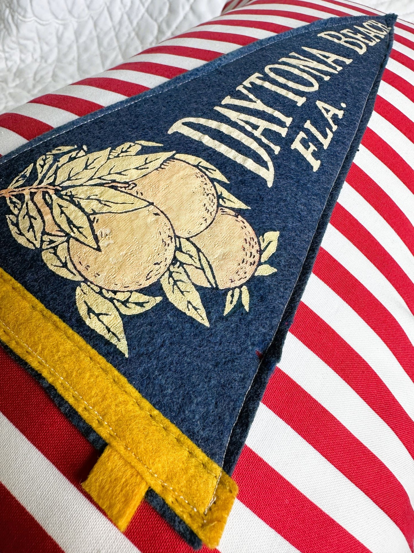 Florida Daytona Beach Vintage Blue Pennant on New Woven Red and White Striped Throw Pillow