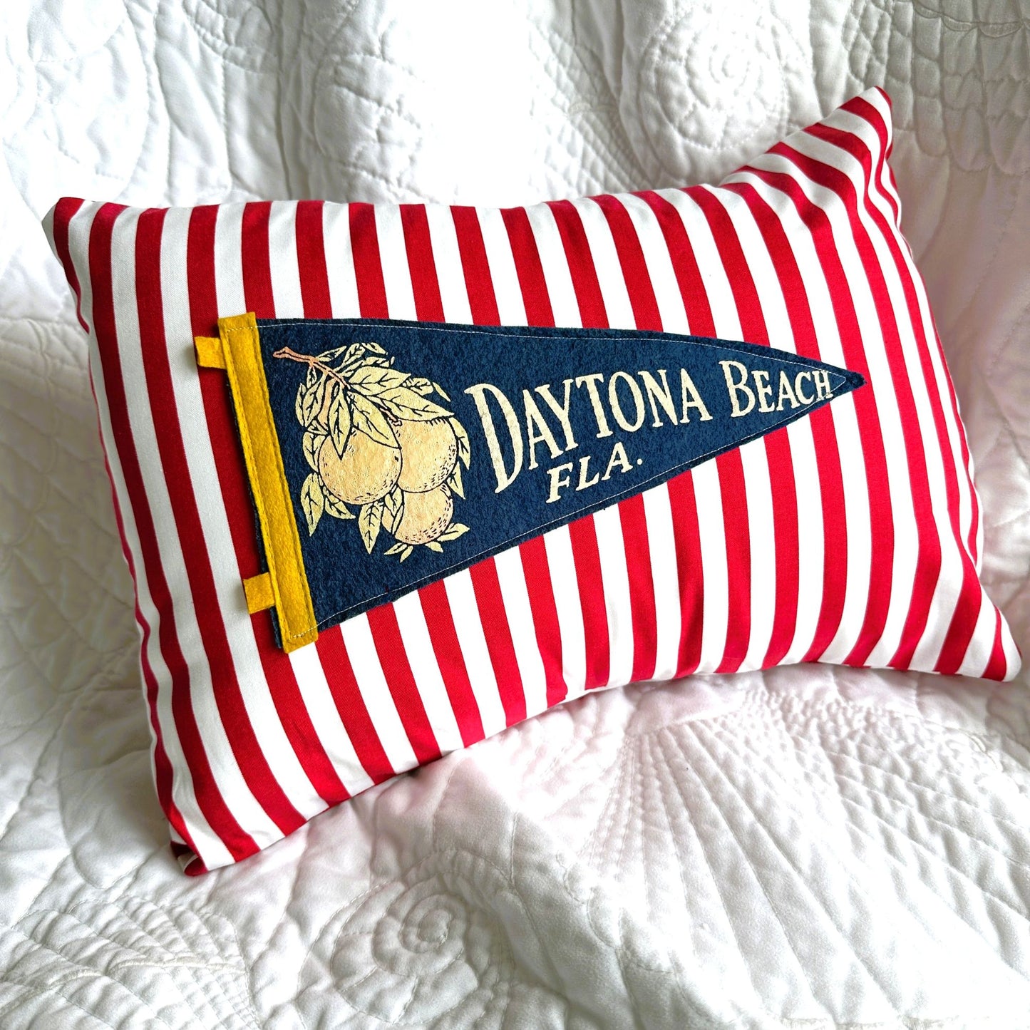 Florida Daytona Beach Vintage Blue Pennant on New Woven Red and White Striped Throw Pillow