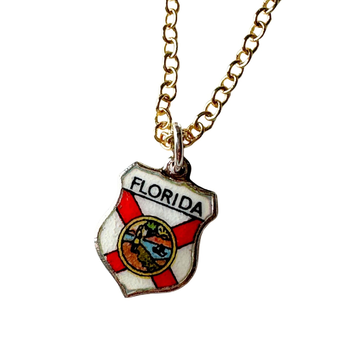 Florida Vintage Fritz REU Sterling Silver Enamel Charm on New 18 Inch Gold Filled Necklace