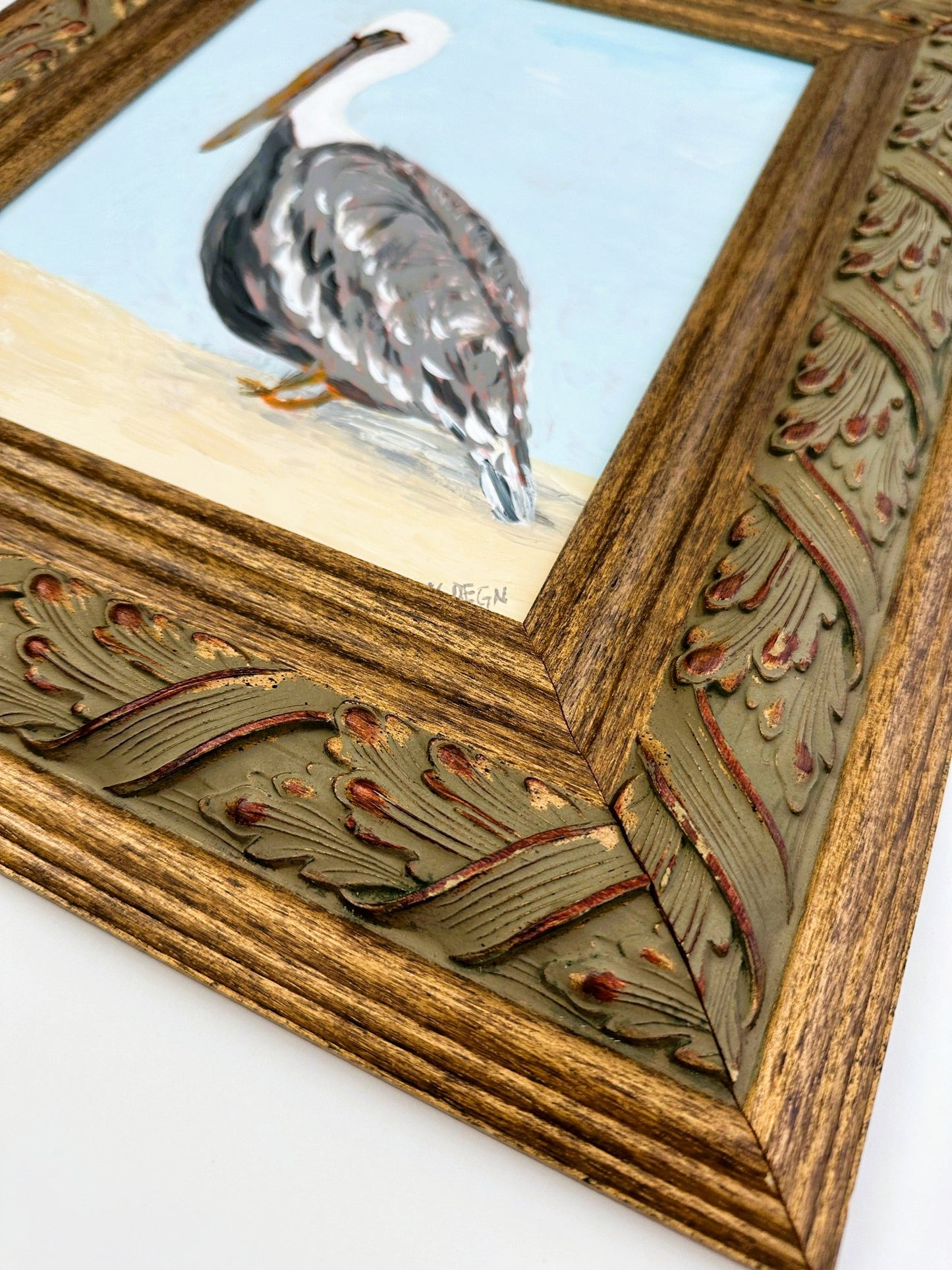 Florida Pelican Original Painting on Panel by Nikki Degn, Vintage Framed