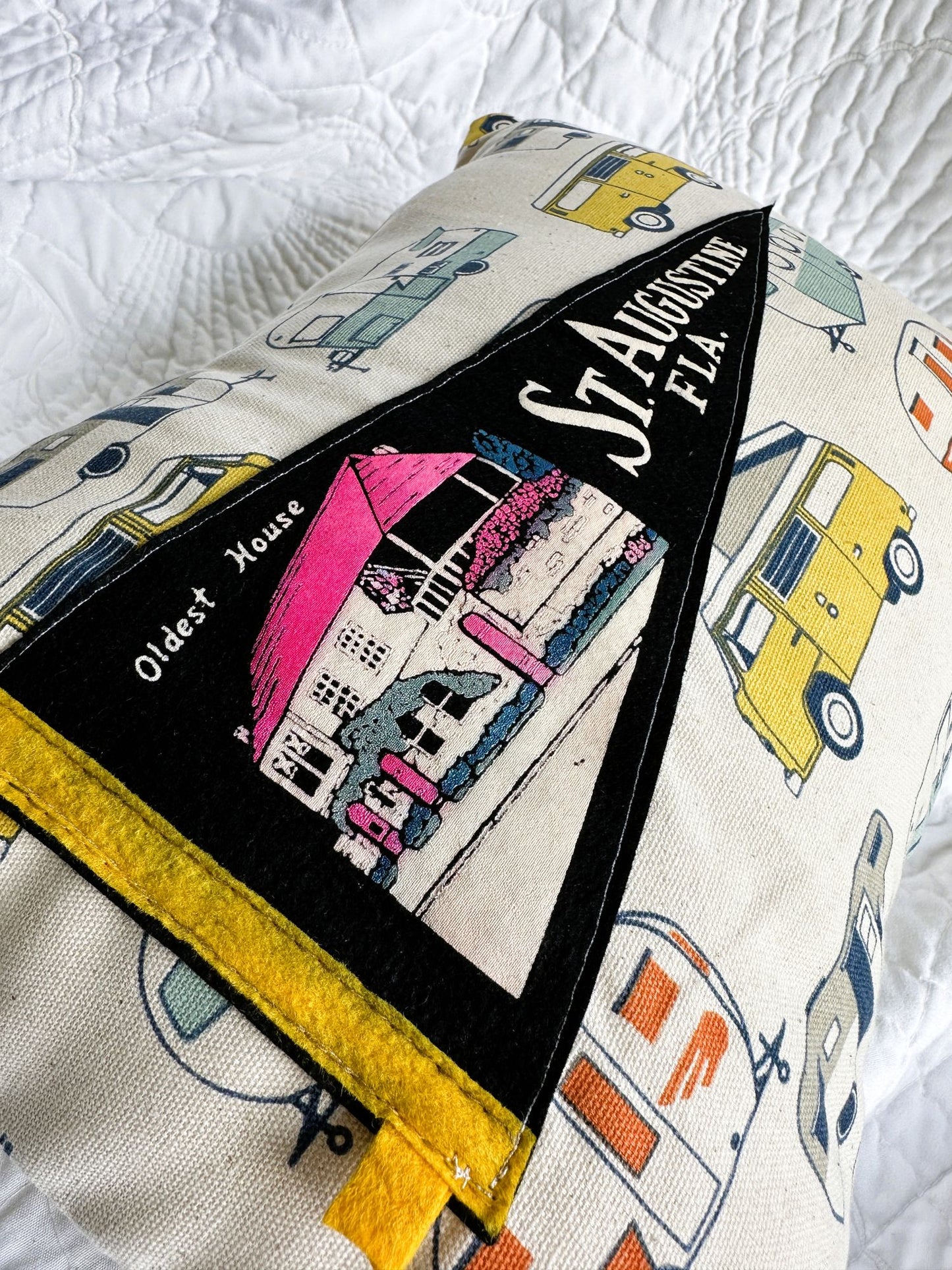 Florida St. Augustine Vintage Black Pennant on New Woven Camper Throw Pillow