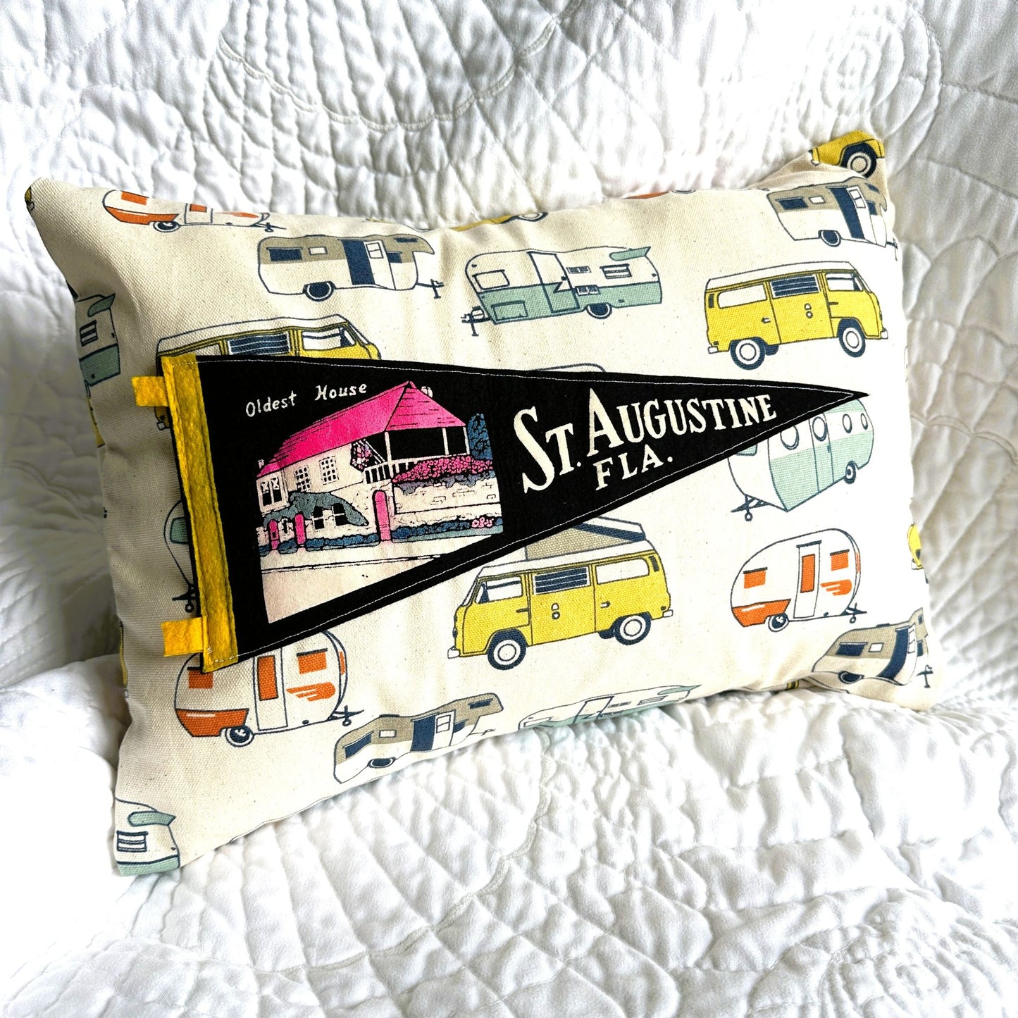 Florida St. Augustine Vintage Black Pennant on New Woven Camper Throw Pillow