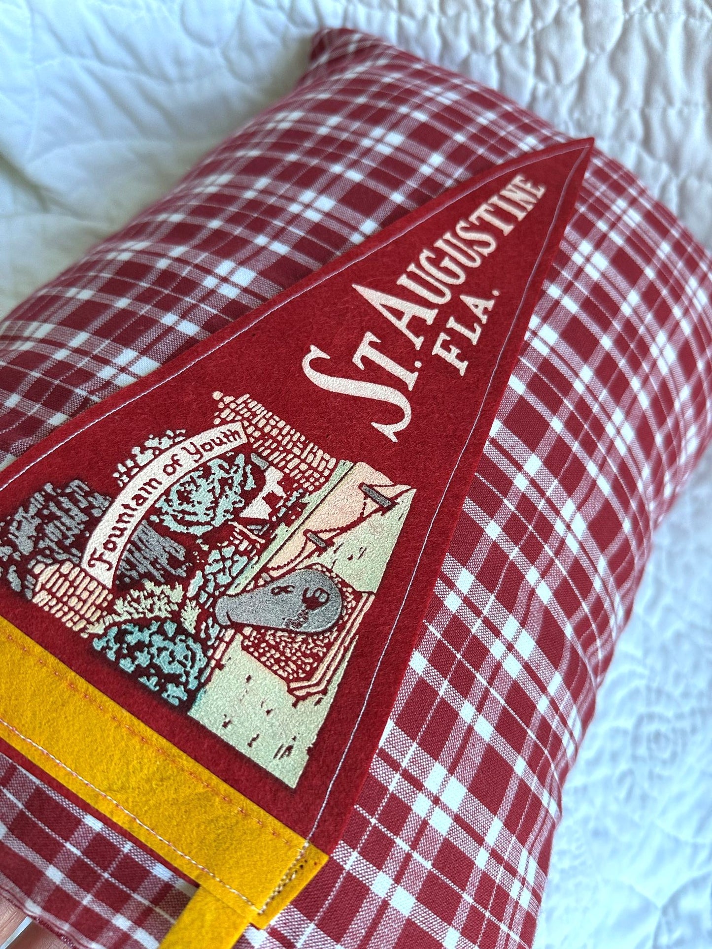 Florida St. Augustine Vintage Red Pennant on New Woven Plaid Throw Pillow