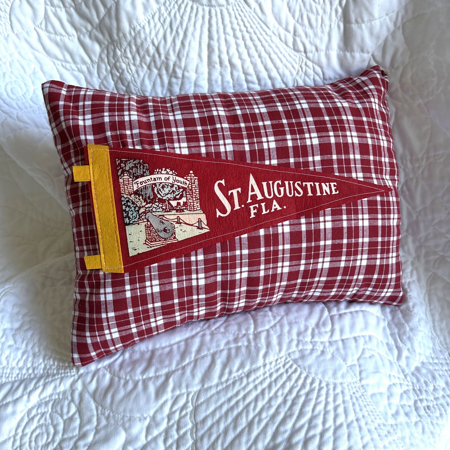 Florida St. Augustine Vintage Red Pennant on New Woven Plaid Throw Pillow
