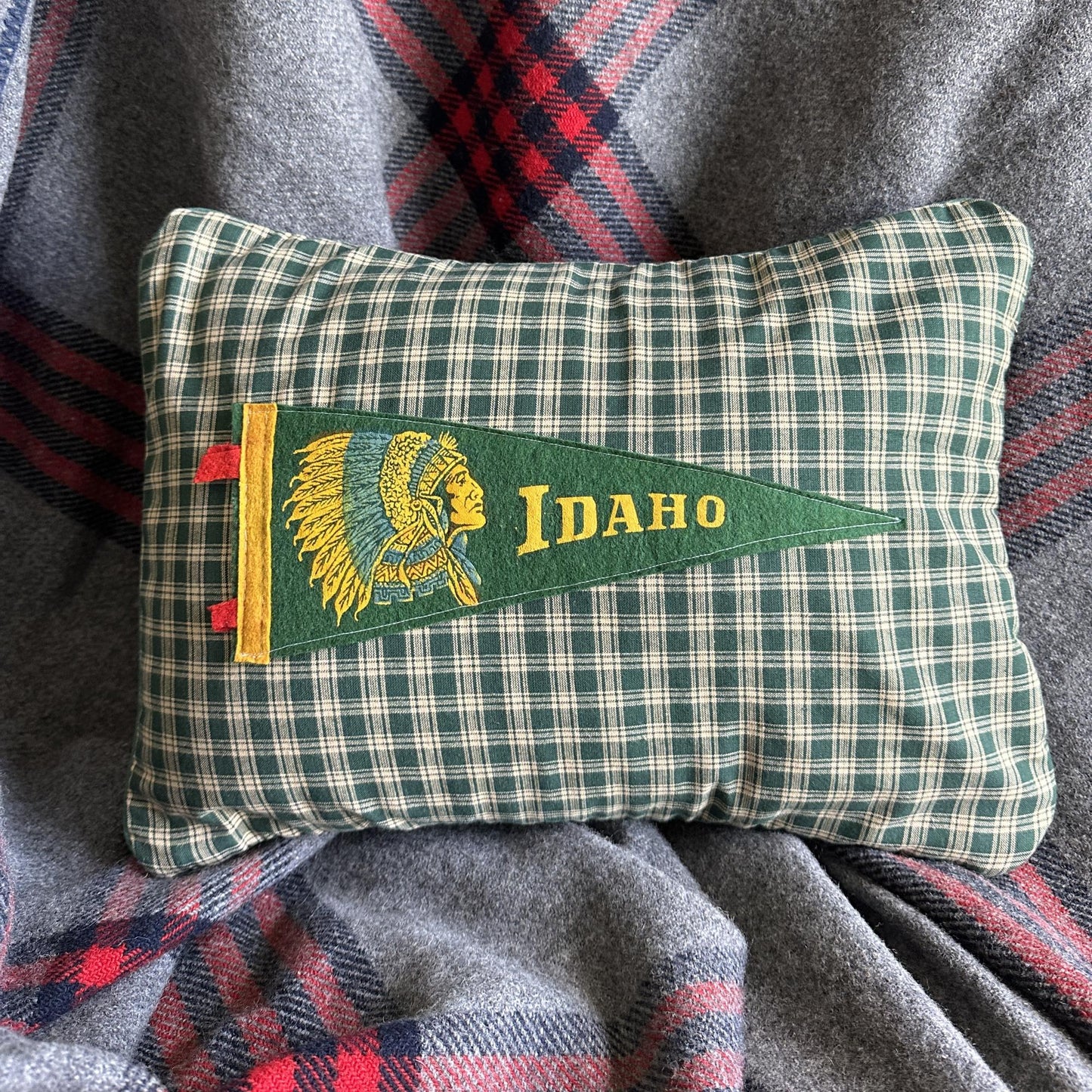Idaho Native American Vintage Pennant on New Woven Plaid Throw Pillow