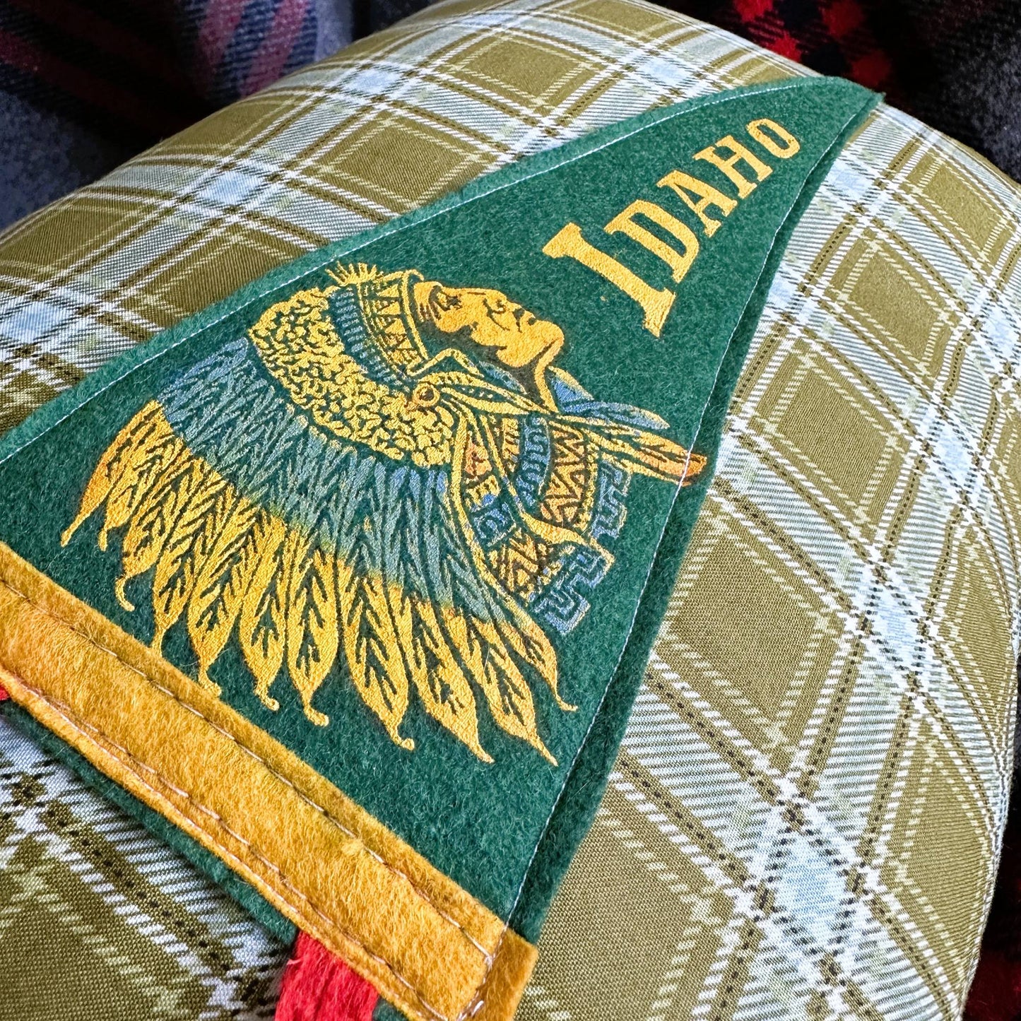Idaho Native American Vintage Pennant on New Woven Plaid Throw Pillow