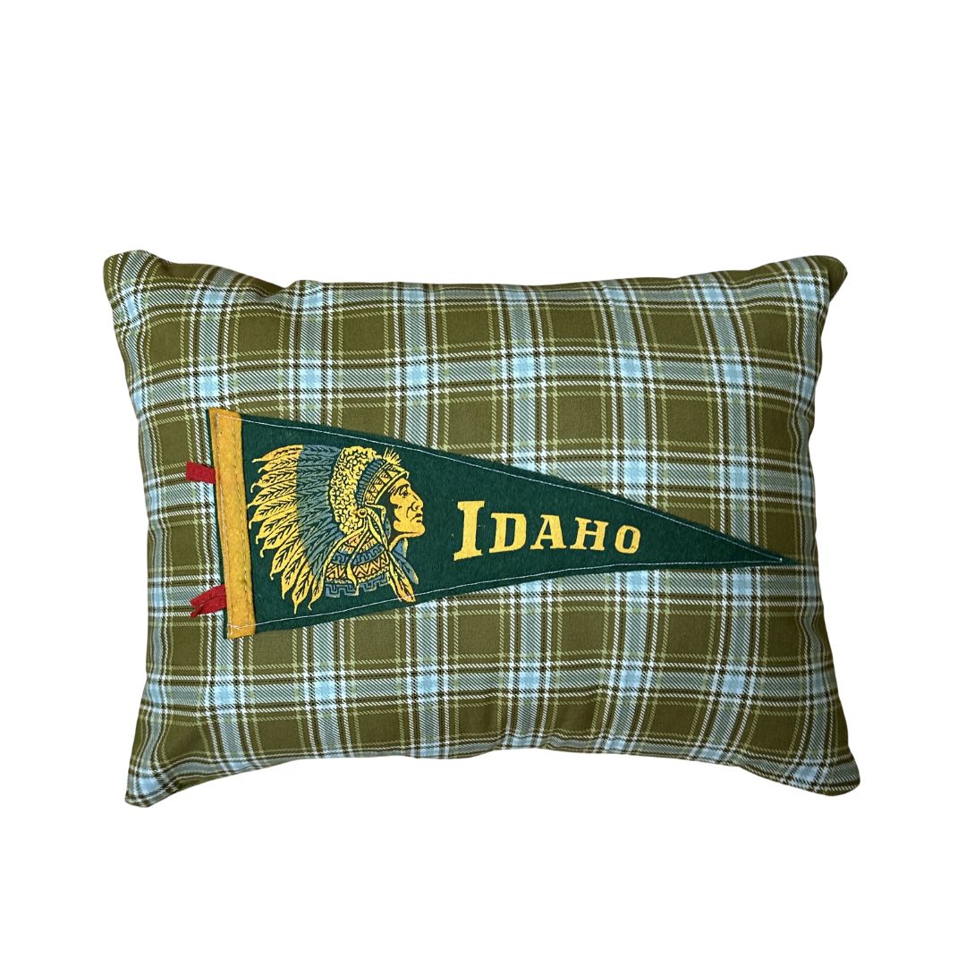 Idaho Native American Vintage Pennant on New Woven Plaid Throw Pillow