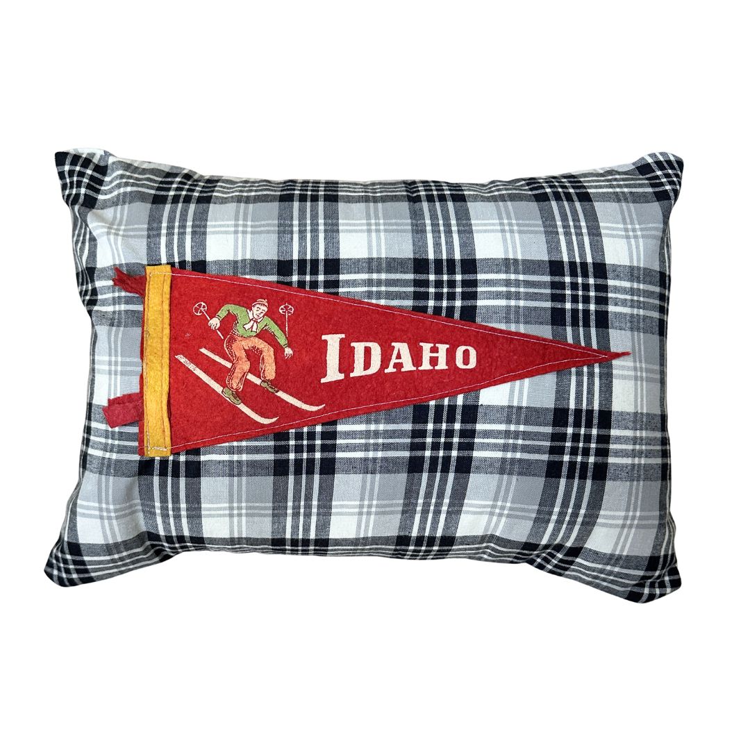 Idaho Ski Vintage Pennant on New Woven Plaid Throw Pillow