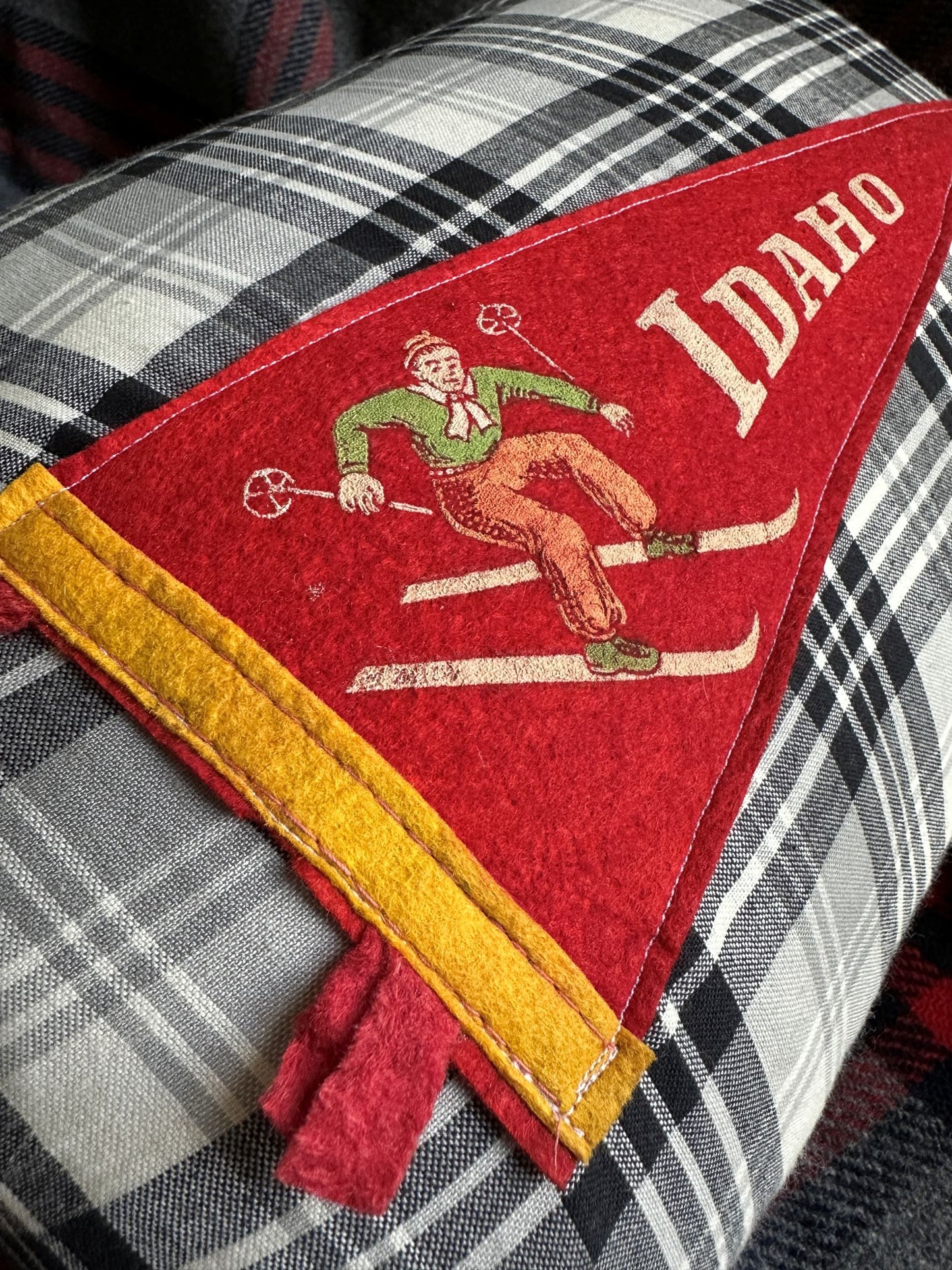 Idaho Ski Vintage Pennant on New Woven Plaid Throw Pillow