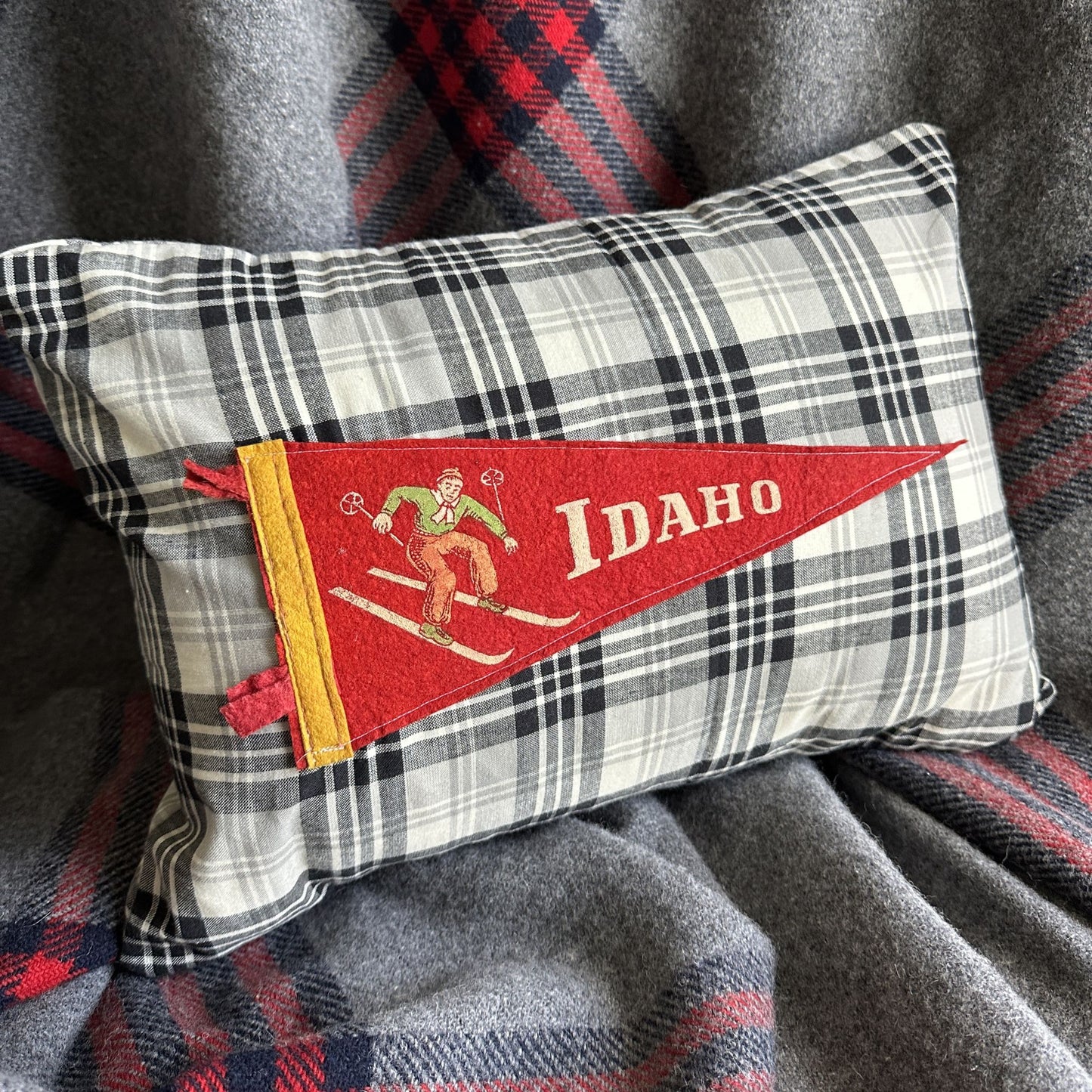 Idaho Ski Vintage Pennant on New Woven Plaid Throw Pillow