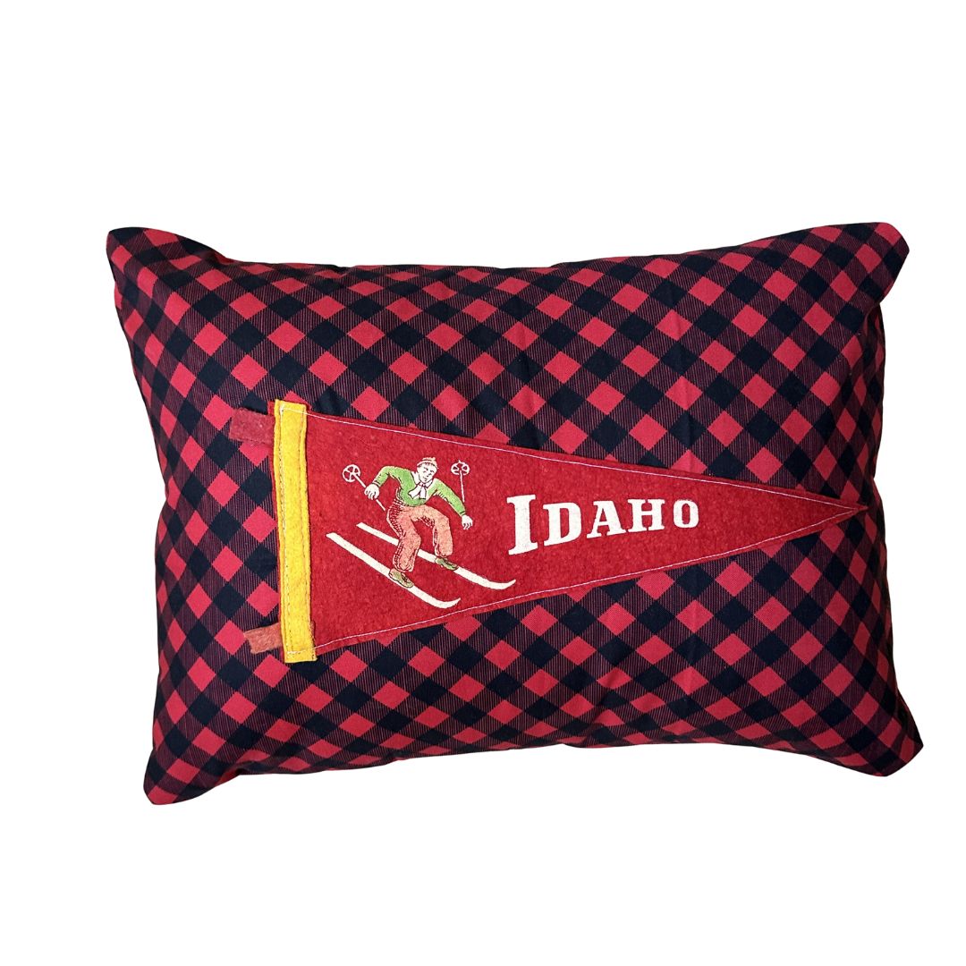 Idaho Ski Vintage Pennant on New Woven Plaid Throw Pillow