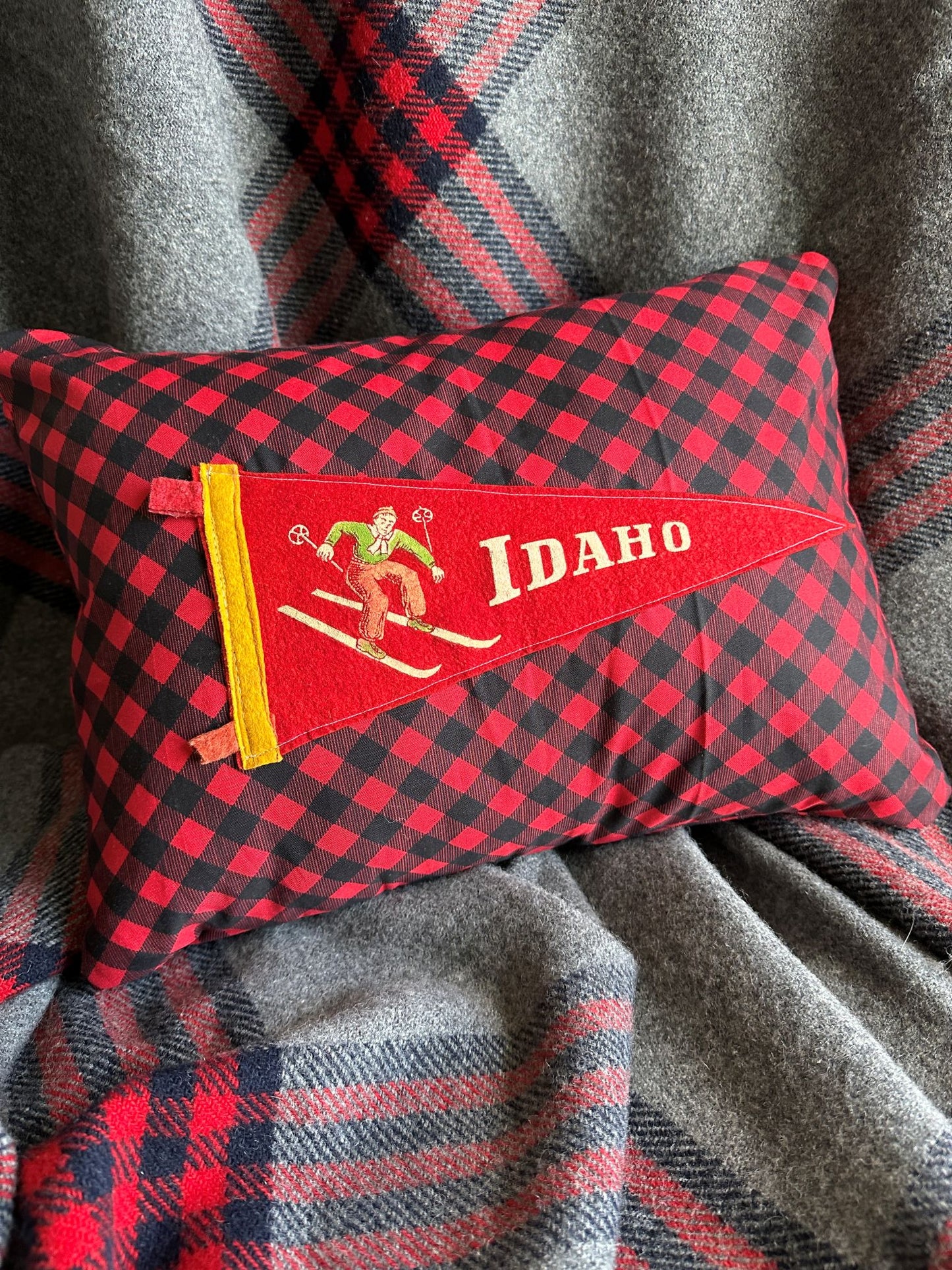 Idaho Ski Vintage Pennant on New Woven Plaid Throw Pillow