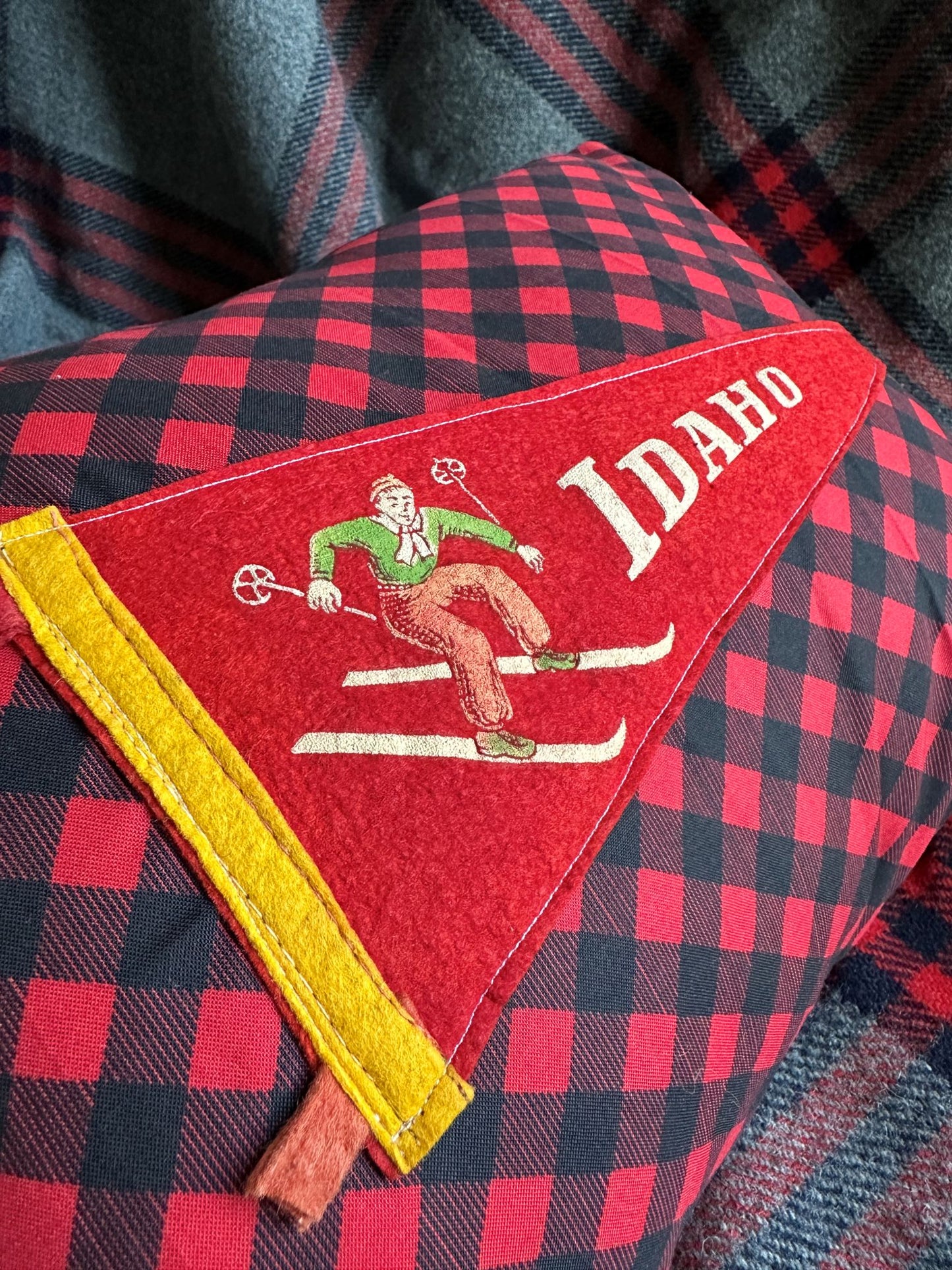 Idaho Ski Vintage Pennant on New Woven Plaid Throw Pillow