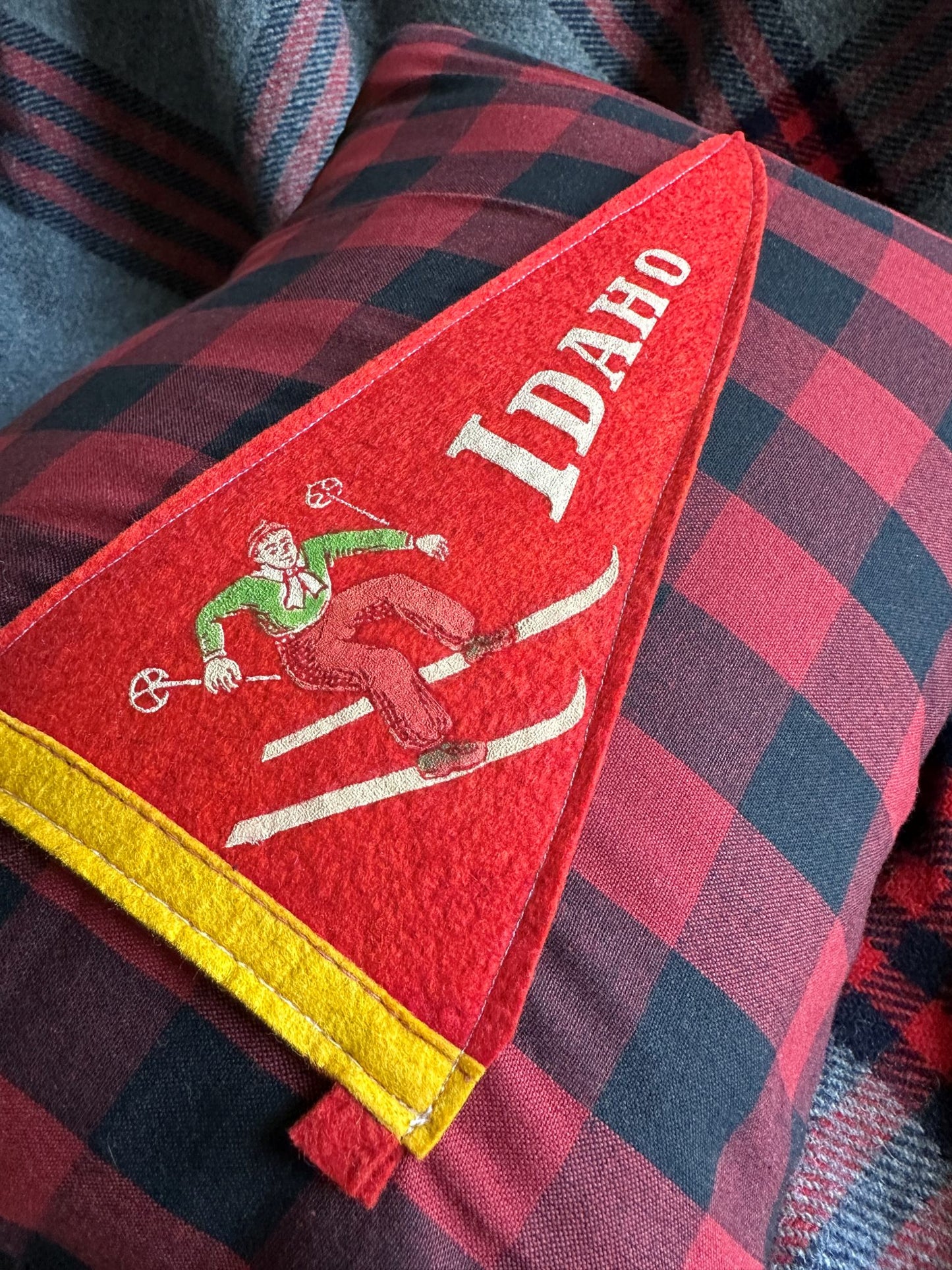 Idaho Ski Vintage Pennant on New Woven Plaid Throw Pillow