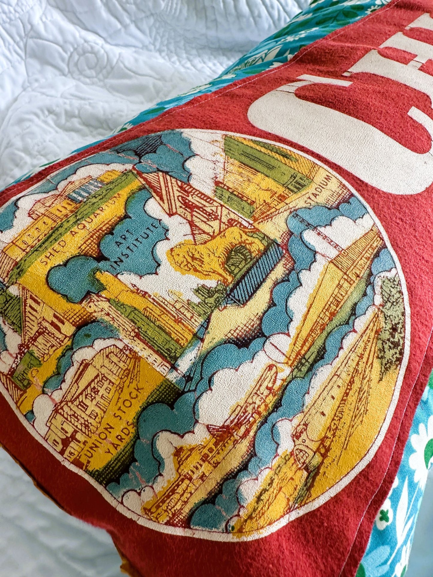 Illinois Chicago Large Red Vintage Pennant on New Woven Floral Throw Pillow