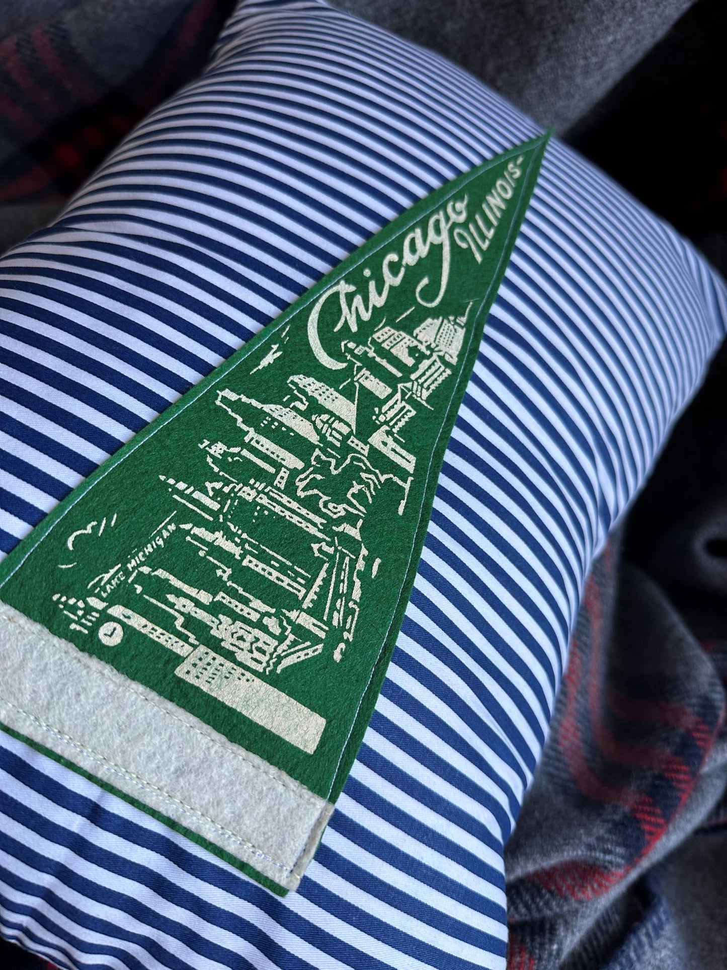 Illinois Chicago Green Vintage Pennant on New Woven Navy Striped Throw Pillow