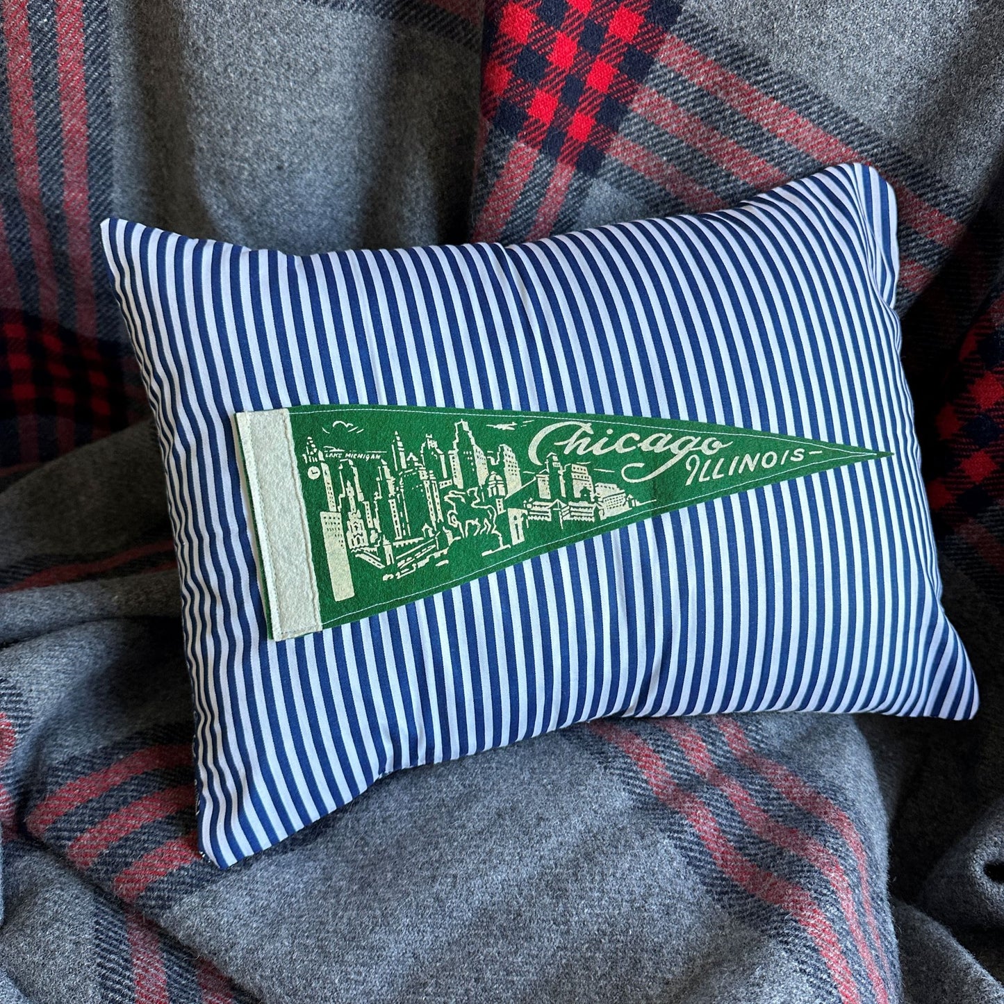 Illinois Chicago Green Vintage Pennant on New Woven Navy Striped Throw Pillow