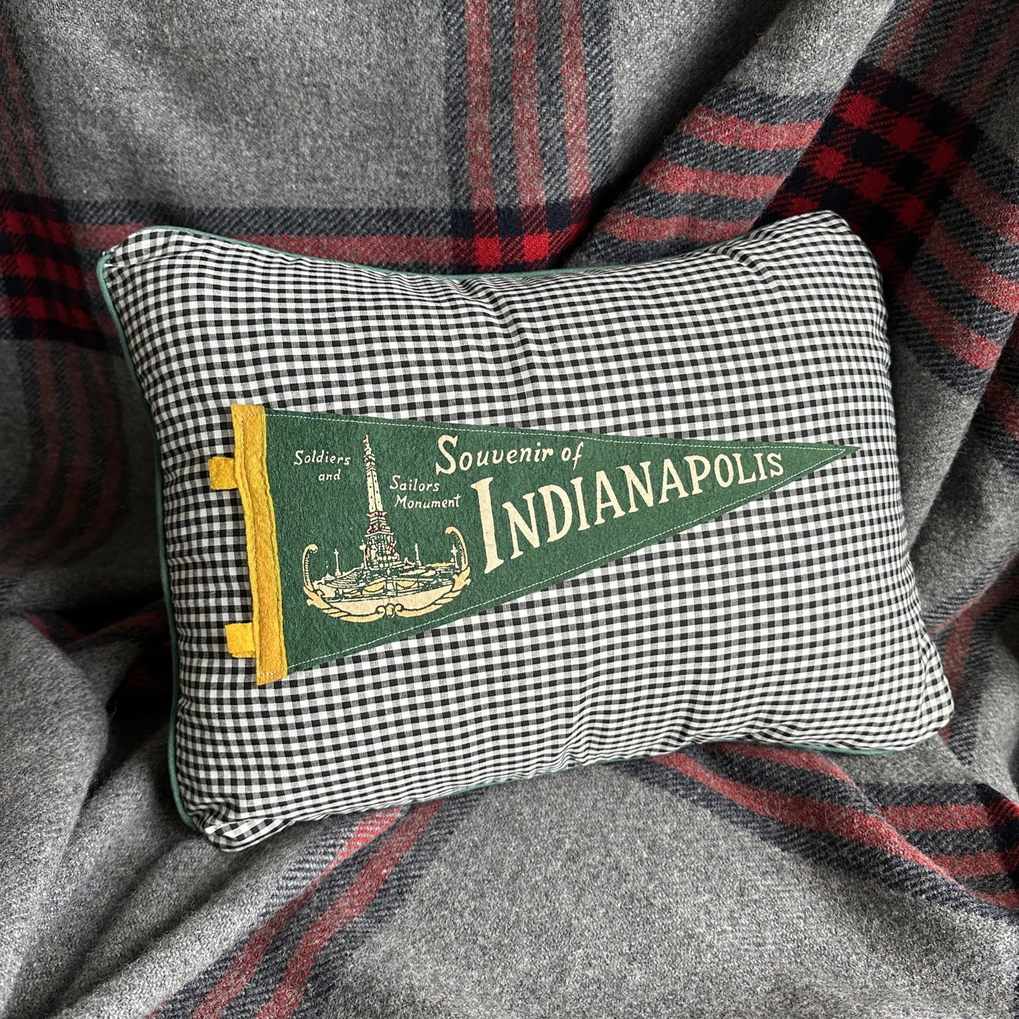 Indiana Indianapolis Vintage Pennant on New Woven Gingham Throw Pillow