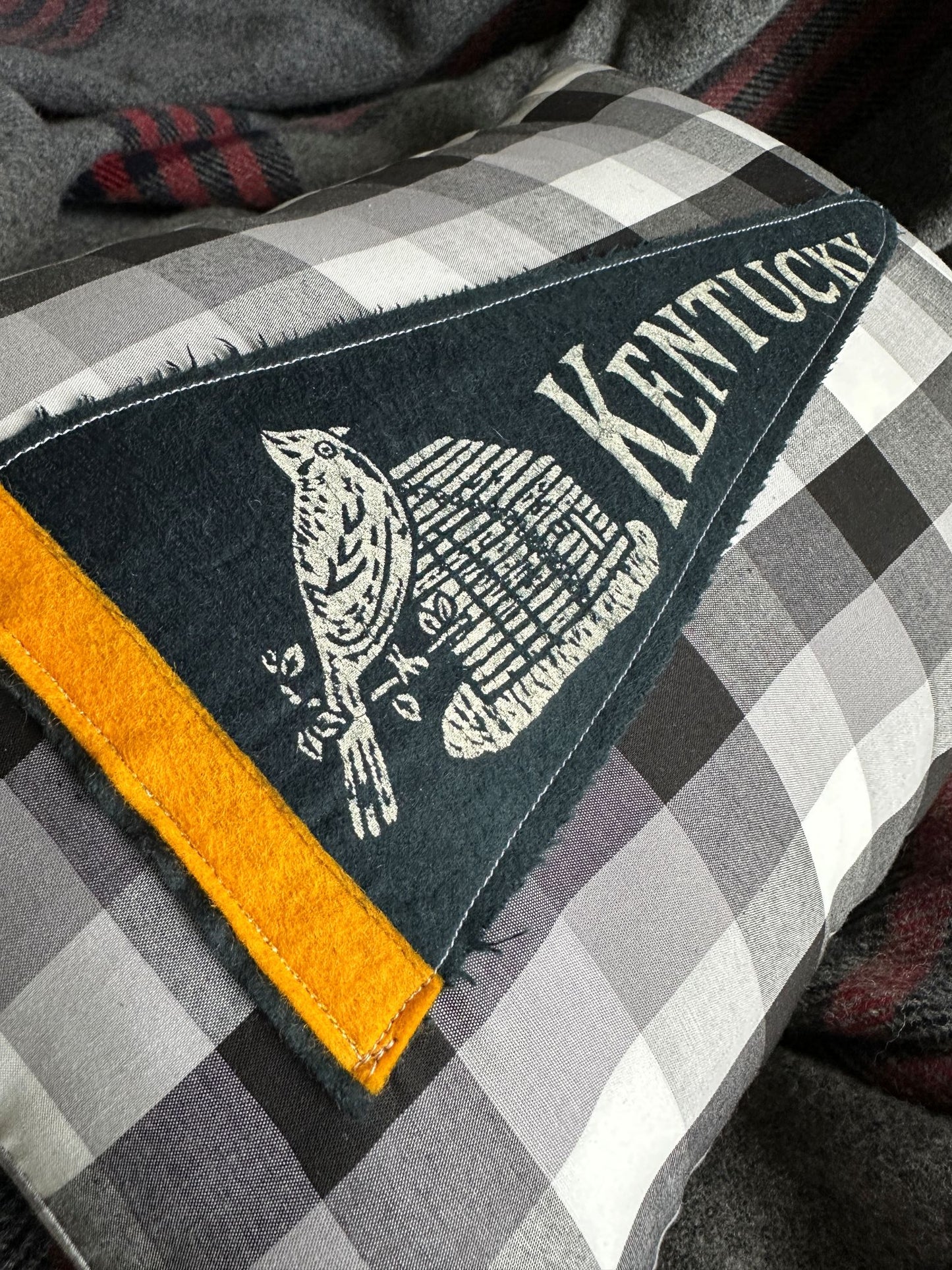 Kentucky Vintage Pennant on New Woven Plaid Throw Pillow