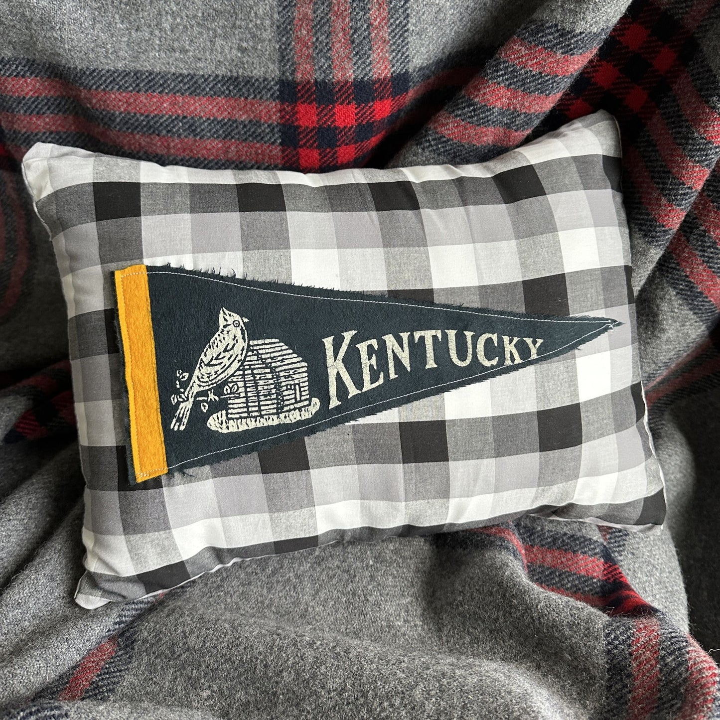 Kentucky Vintage Pennant on New Woven Plaid Throw Pillow