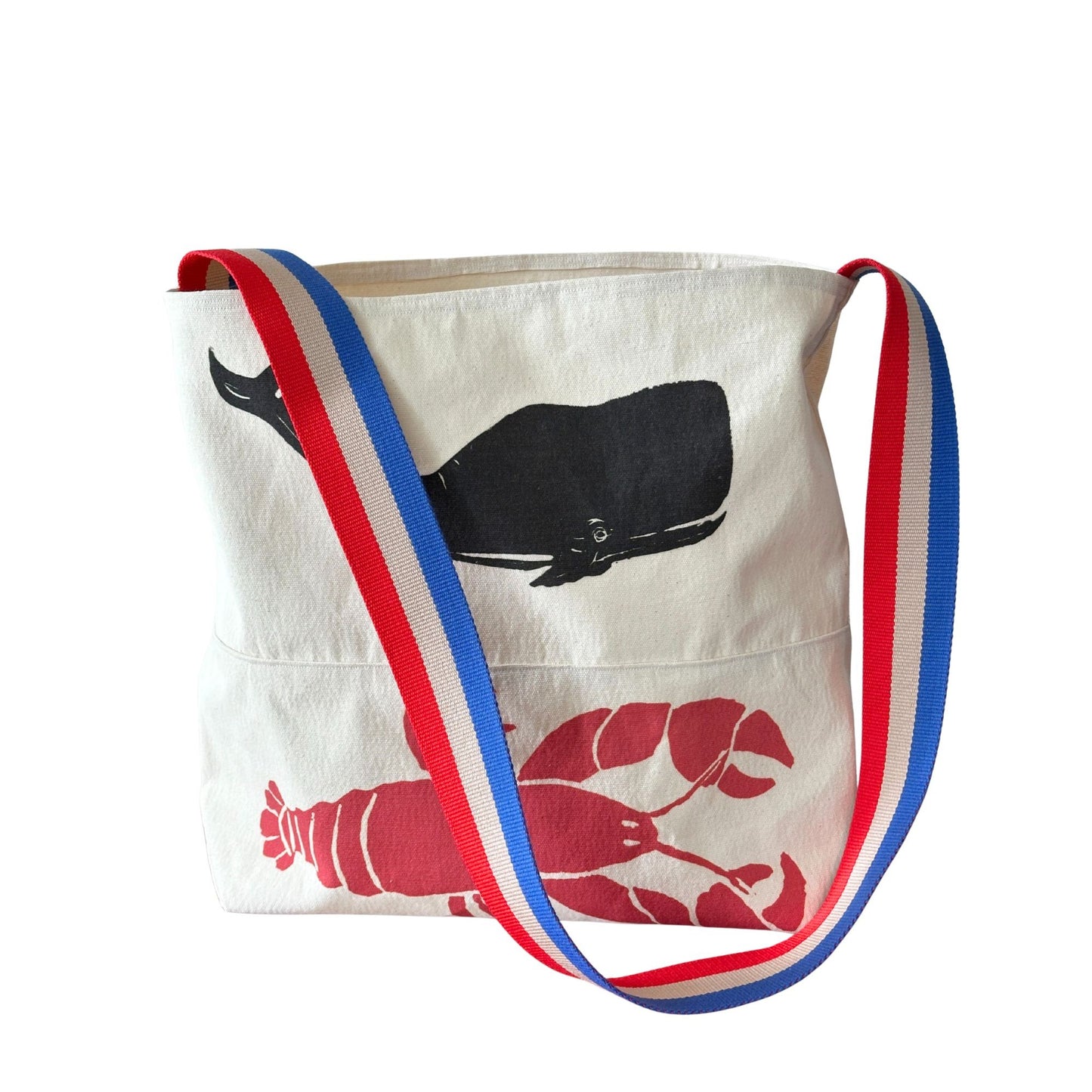 Lobster & Whale Block Print Design Americana Strap Larger Tote Bag