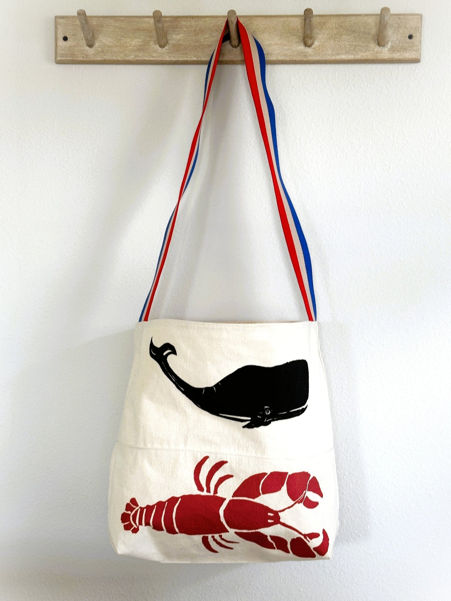 Lobster & Whale Block Print Design Americana Strap Larger Tote Bag