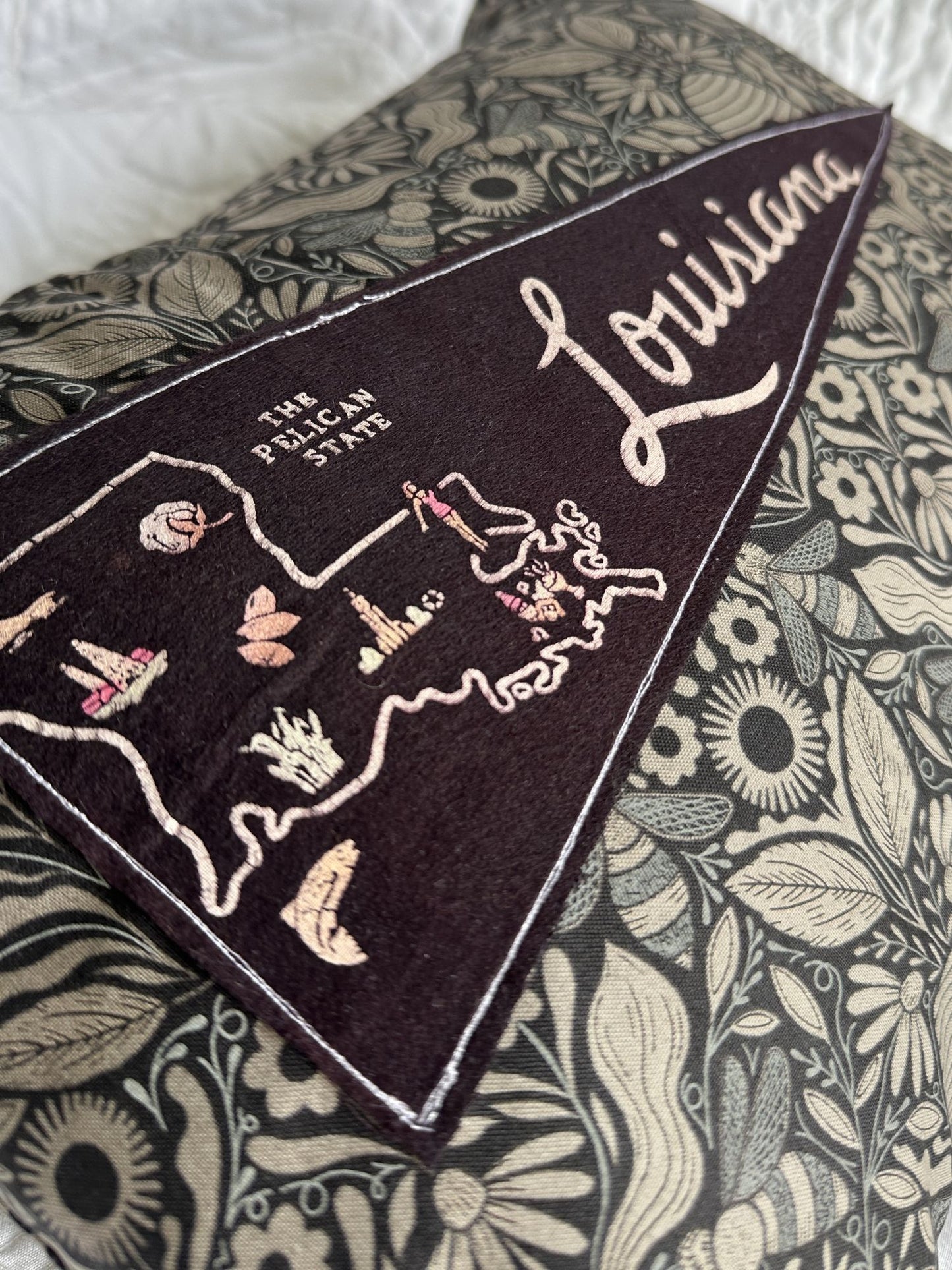 Louisiana Vintage Pennant on New Woven Botanicals Throw Pillow
